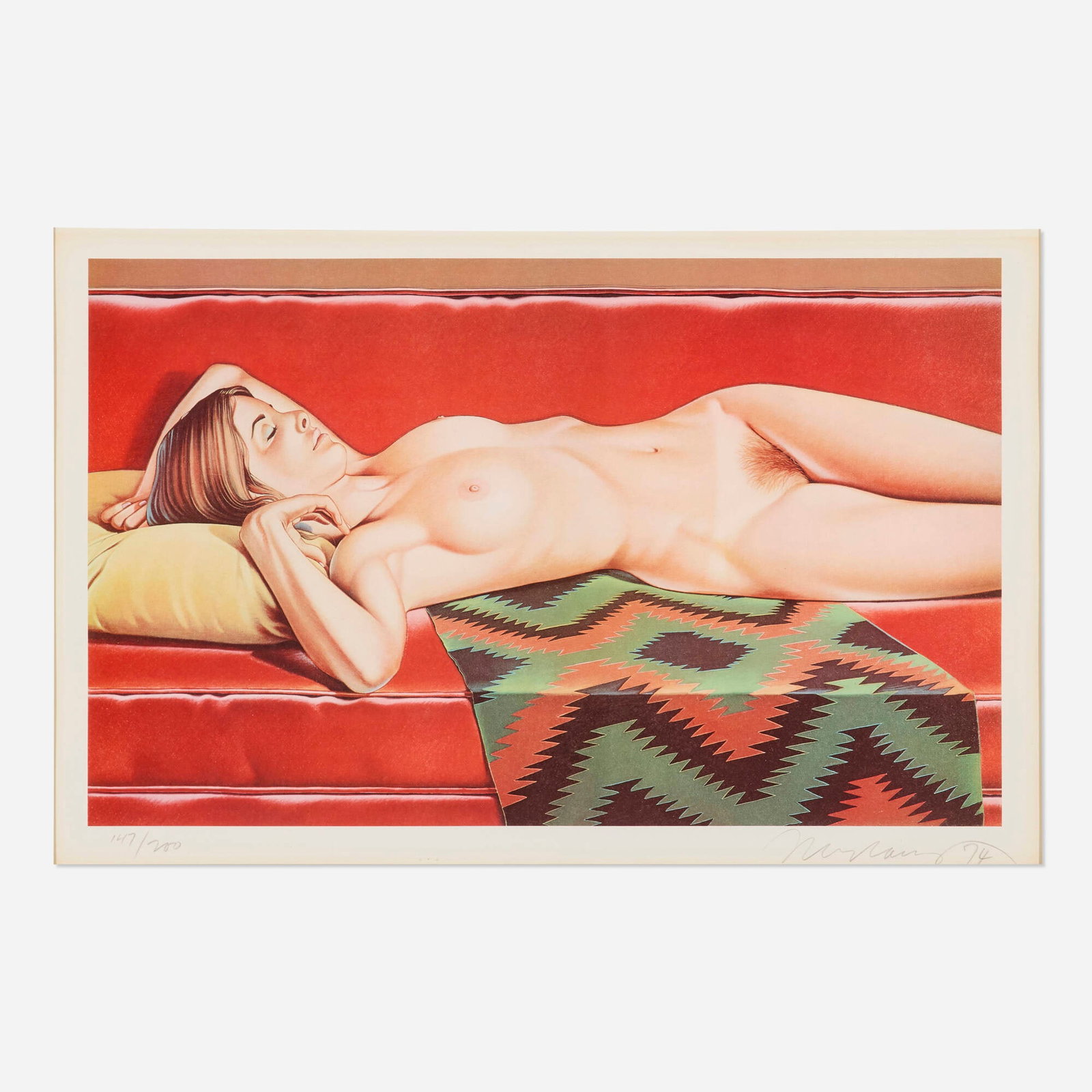 Mel Ramos, Navajo Nudo (from the Nudes Album): Mel Ramos Navajo Nudo (from the Nudes Album) 1974 collotype in colors image: 13.75 h x 22.5 w in (35 x 57 cm) sheet: 20 h x 26.375 w in (51 x 67 cm) Signed, dated, and numbered to lower margin