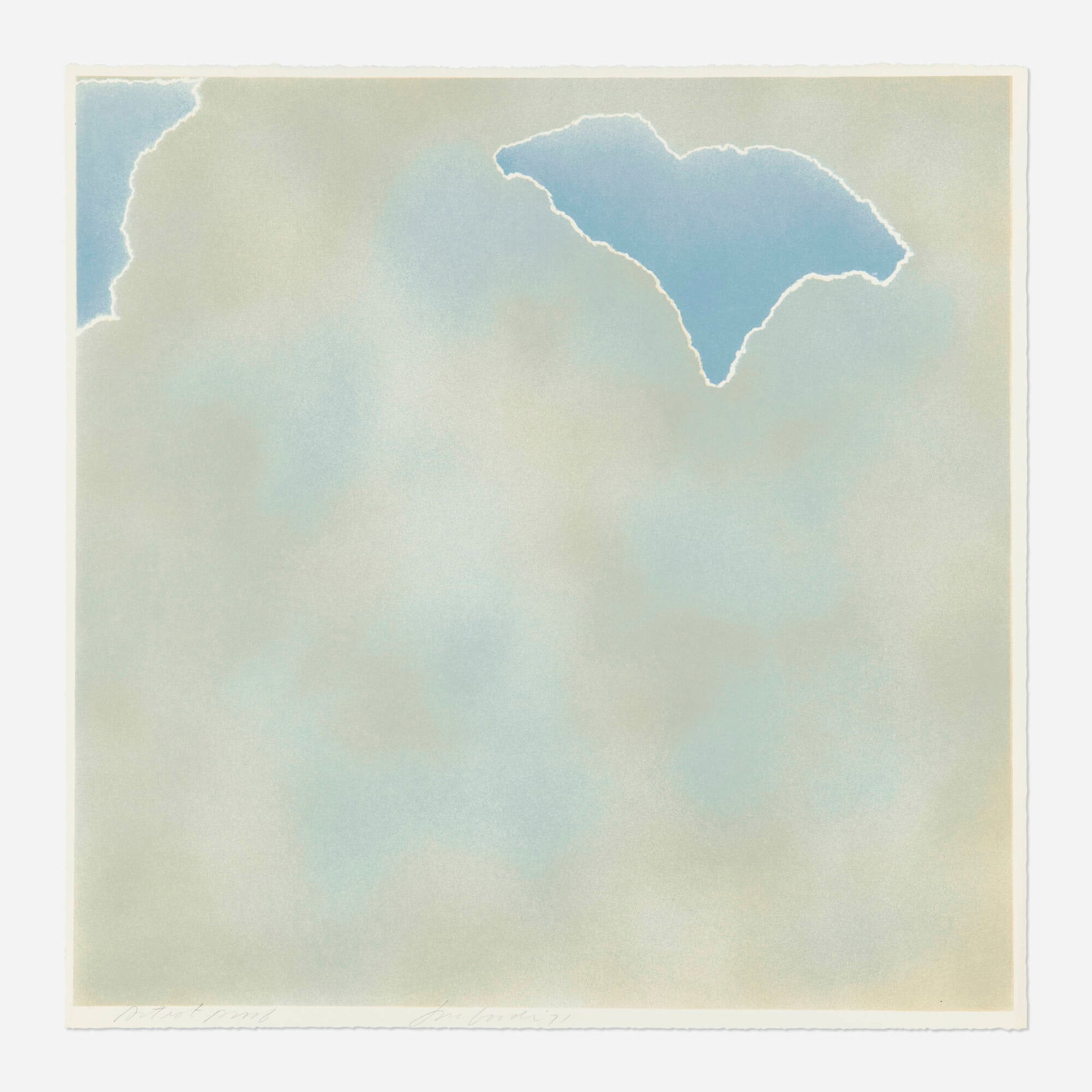 Joe Goode, Untitled (blue paper clouds): Joe Goode Untitled (blue paper clouds) 1971 lithograph in colors image: 23.25 h x 23.5 w in (59 x 60 cm) sheet: 24 h x 24 w in (61 x 61 cm) Signed, dated, and numbered to lower edge 'Artist proof Joe