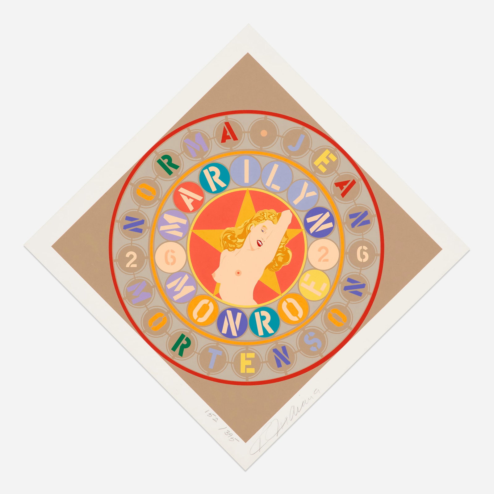 Robert Indiana, The Metamorphosis of Norma Jean Mortensen (from The American Dream portfolio): Robert Indiana The Metamorphosis of Norma Jean Mortensen (from The American Dream portfolio) 1997 screenprint in colors image: 14 h x 14 w in (36 x 36 cm) sheet: 16 h x 16 w in (41 x 41 cm)