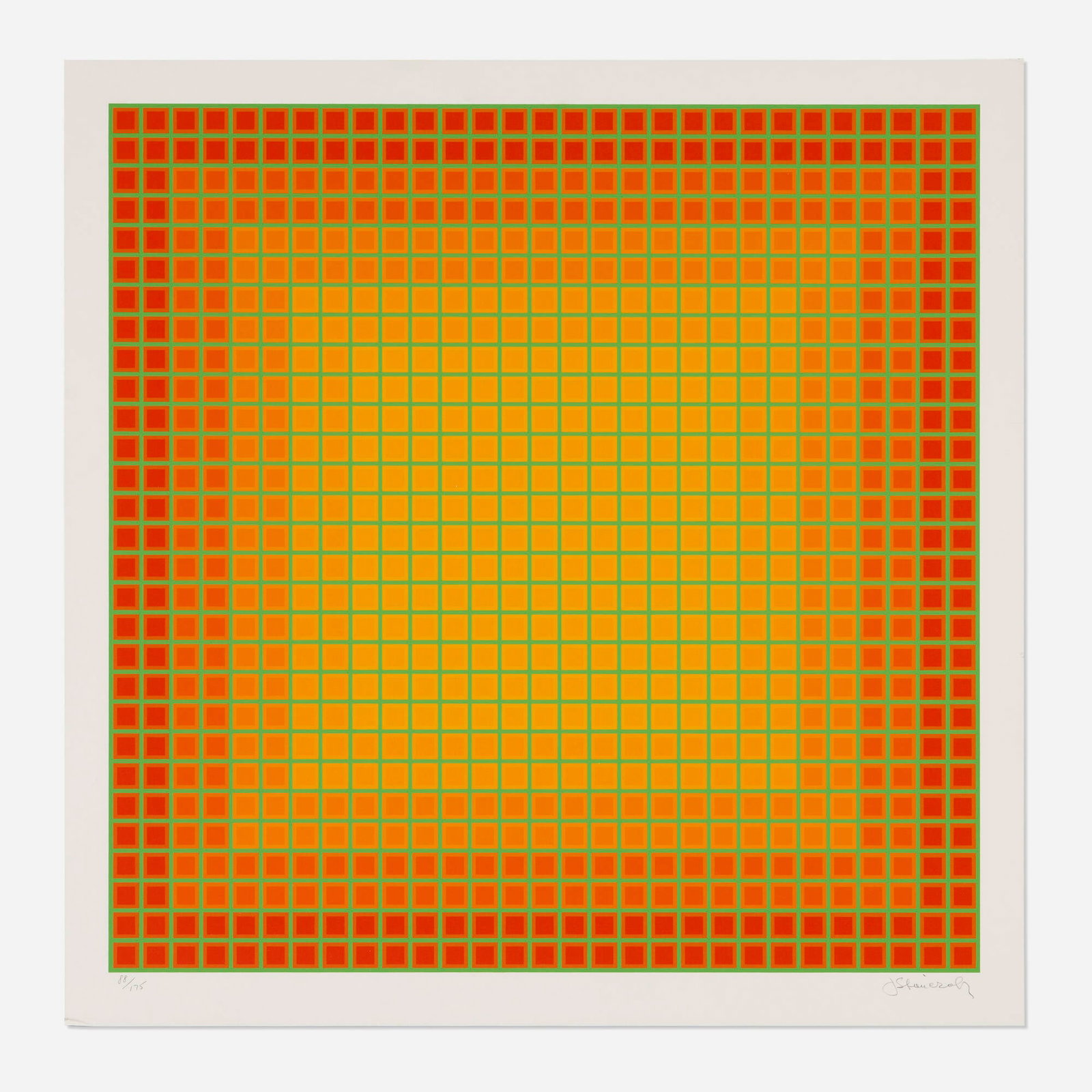 Julian Stanczak, Let It Be Orange: Julian Stanczak Let It Be Orange 1981 screenprint in colors image: 23.25 h x 23.25 w in (59 x 59 cm) sheet: 25.625 h x 25.875 w in (65 x 66 cm) Signed and numbered to lower edge '88/175 J Stanczak'.
