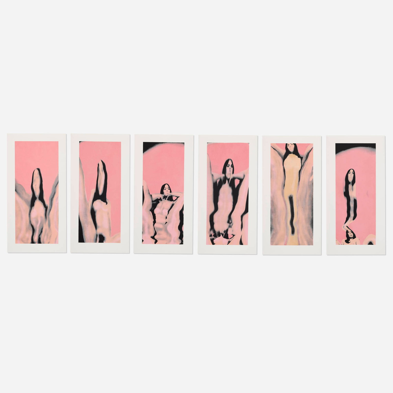 Larry Bell, Six works from the Pink Ladies series: Larry Bell Six works from the Pink Ladies series 1974 screenprint in colors with flocking image (each): 71.25 h x 28.5 w in (181 x 72 cm) sheet (each): 84 h x 42 w in (213 x 107 cm) Signed, dated,