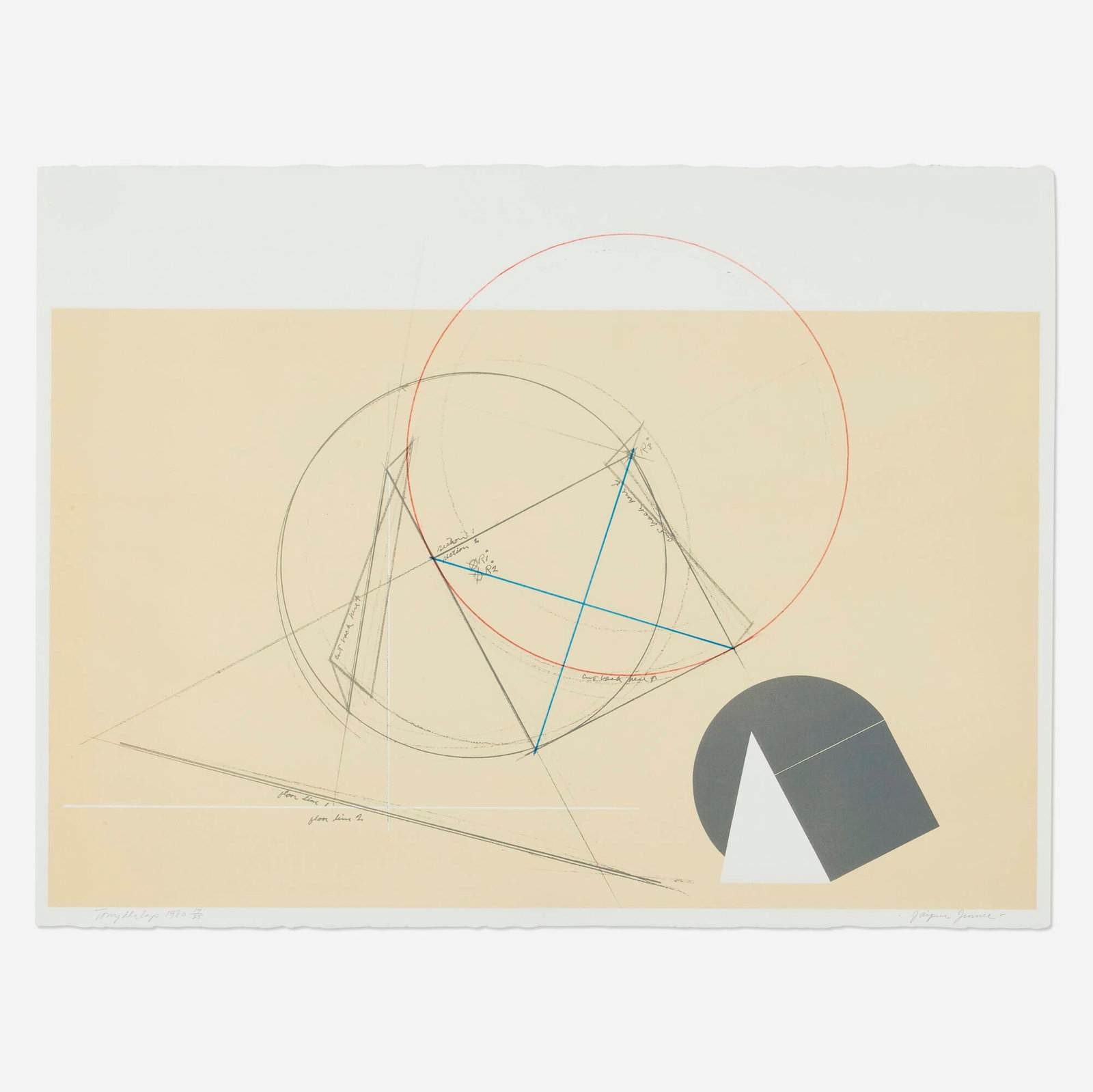Tony DeLap, Jaipur Jinnee: Tony DeLap Jaipur Jinnee 1980 lithograph in colors image: 22.25 h x 29 w in (57 x 74 cm) sheet: 19.5 h x 29.75 w in (50 x 76 cm) Signed, titled, dated, and numbered to lower margin 'Tony DeLap 1980