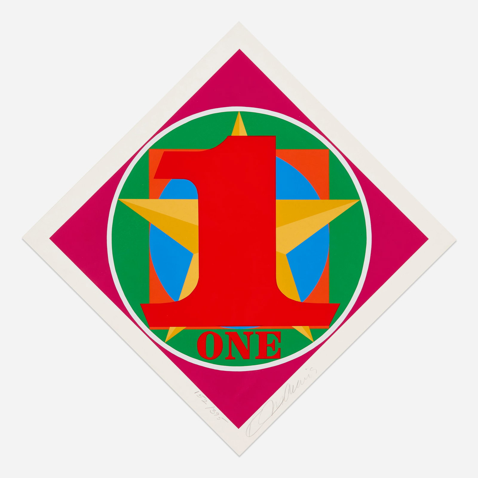 Robert Indiana, One (from the American Dream portfolio): Robert Indiana One (from the American Dream portfolio) 1997 screenprint in colors on Arches image: 14 h x 14 w in (36 x 36 cm) sheet: 16 h x 16 w in (41 x 41 cm) Signed and numbered to lower edge