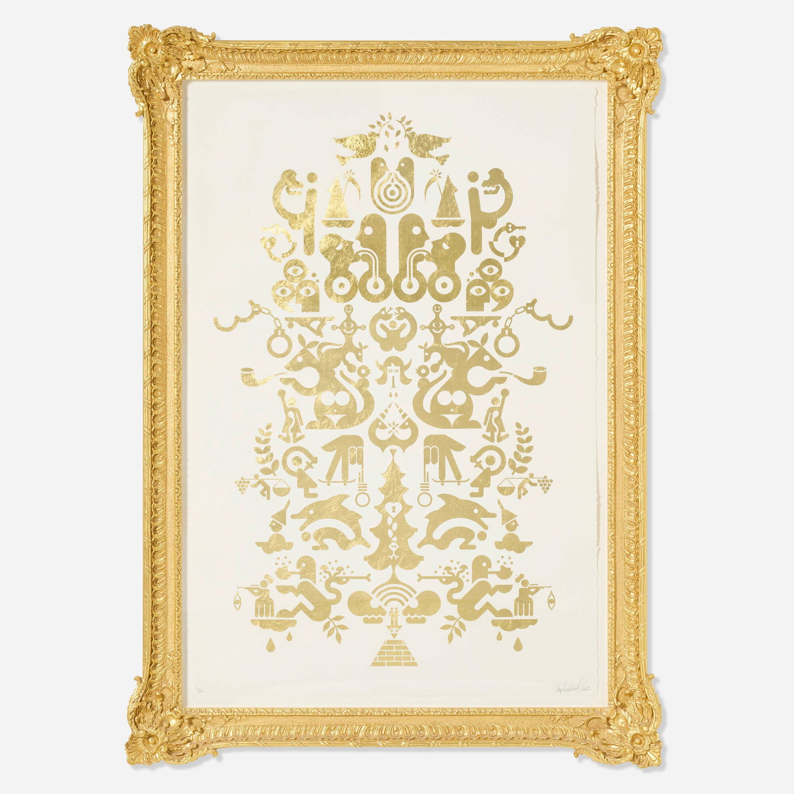Ryan McGinness, Reasoned Relationships vs. Illogical Love: Ryan McGinness Reasoned Relationships vs. Illogical Love 2007 24k gold leaf on paper in 24k gold leaf artist's frame 54 h x 39 w x 3.5 d in (137 x 99 x 9 cm) Signed, dated, and numbered to lower edge