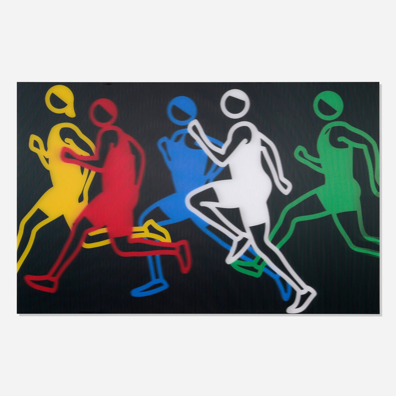 Julian Opie, Men Sprinters 3: Julian Opie Men Sprinters 3 2024 acrylic lenticular print mounted to white acrylic 30.375 h x 47.375 w in (77 x 120 cm) Signed and dated to gallery label to verso 'Julian Opie 29/30'. This