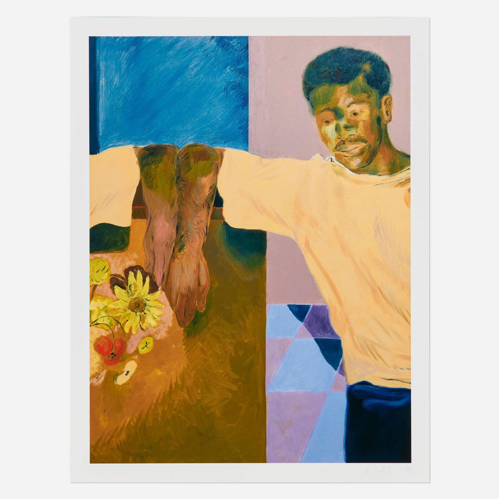 Anthony Cudahy, Lean Mirrored (with Redon Flowers): Anthony Cudahy Lean Mirrored (with Redon Flowers) 2021 archival pigment print image: 22 h x 16.5 w in (56 x 42 cm) sheet: 24 h x 18.5 w in (61 x 47 cm) Signed and numbered to lower margin 'A Cudahy