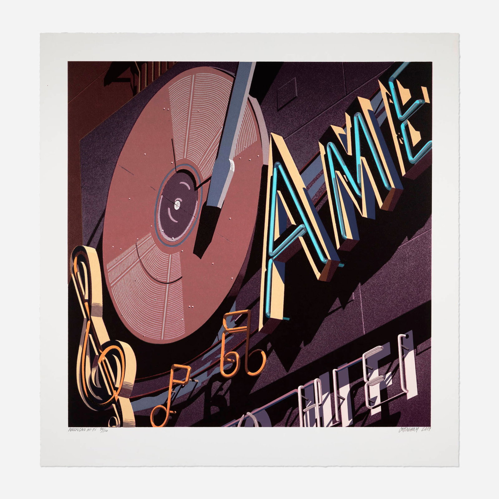 Robert Cottingham, American Hi-Fi (from the American Signs portfolio): Robert Cottingham American Hi-Fi (from the American Signs portfolio) 2009 screenprint in colors image: 31.75 h x 31.75 w in (81 x 81 cm) sheet: 37.875 h x 36.75 w in (96 x 93 cm) Signed, titled,