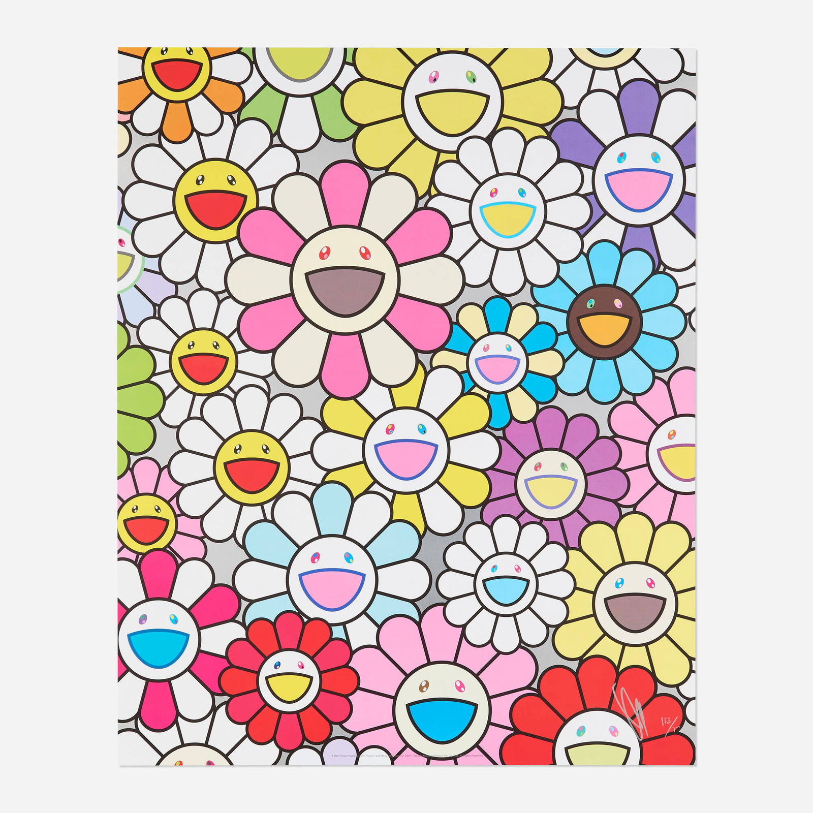 Takashi Murakami, A Little Flower Painting: Pink, Purple, and Many Other Colors: Takashi Murakami A Little Flower Painting: Pink, Purple, and Many Other Colors 2017 offset lithograph in colors 21.625 h x 17.5 w in (55 x 44 cm) Signed and numbered to lower right 'Takashi Murakami