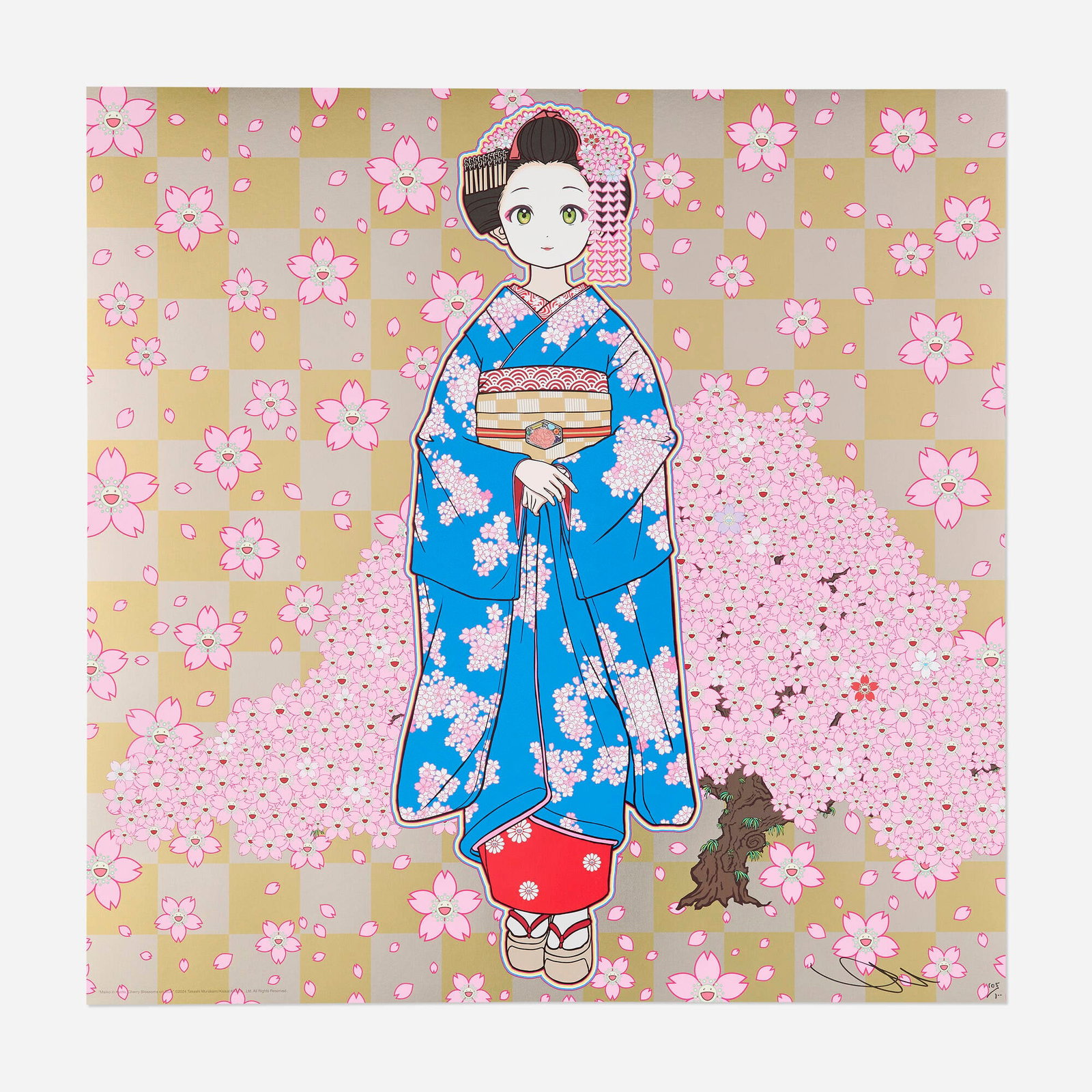 Takashi Murakami, Maiko in Kyoto, Cherry Blossoms on Blue: Takashi Murakami Maiko in Kyoto, Cherry Blossoms on Blue 2024 offset lithograph in colors 19.625 h x 19.625 w in (50 x 50 cm) Signed and numbered to lower right 'Takashi Murakami 105/300'. This work
