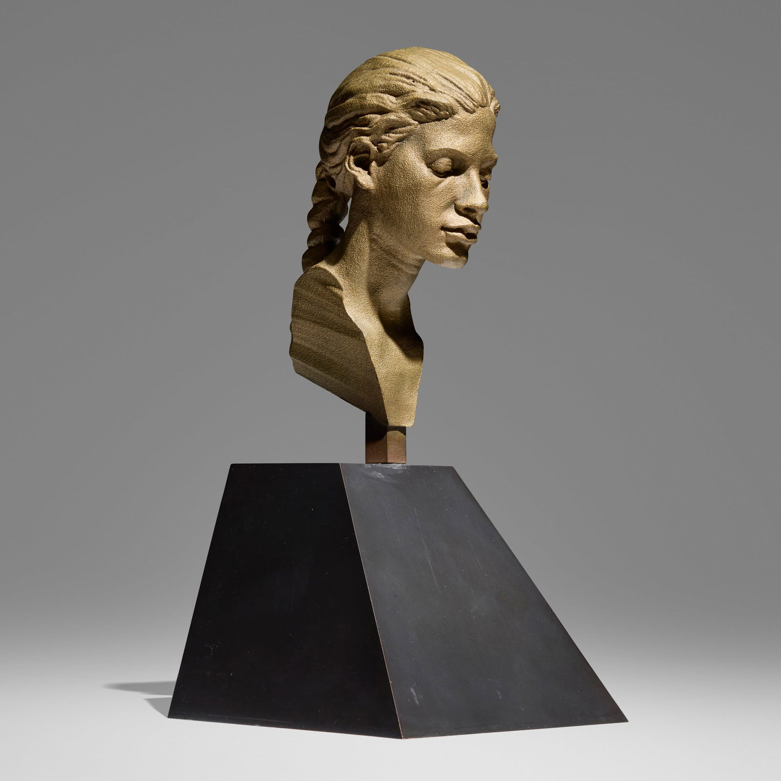 Robert Graham, Virgin Head: Robert Graham Virgin Head 2000 patinated bronze 16.75 h x 8 w x 8.25 d in (43 x 20 x 21 cm) This work is a study for the Cathedral of Our Lady of the Angels statue in Los Angeles. Signed to reverse
