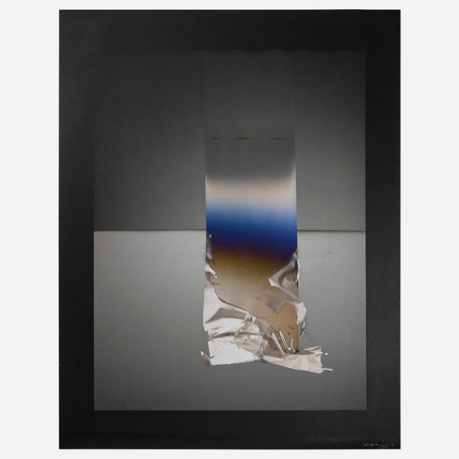 Larry Bell, ERBK 9: Larry Bell ERBK 9 2003 aluminum and silicon monoxide on paper mounted to black gesso signcloth with acrylic laminate film 58 h x 45.5 w in (147 x 116 cm) Signed, dated and inscribed to lower right