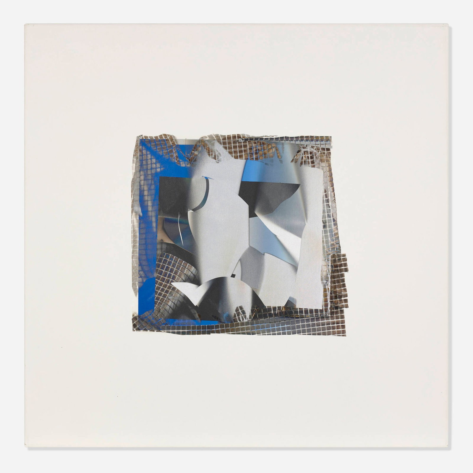 Larry Bell, Medium Size Mirage Study #8: Larry Bell Medium Size Mirage Study #8 1993 collage with aluminum and silicon monoxide on white canvas 42 h x 42 w in (107 x 107 cm) Signed, titled, and dated to verso 'MSMS #8 7/21/93 Larry