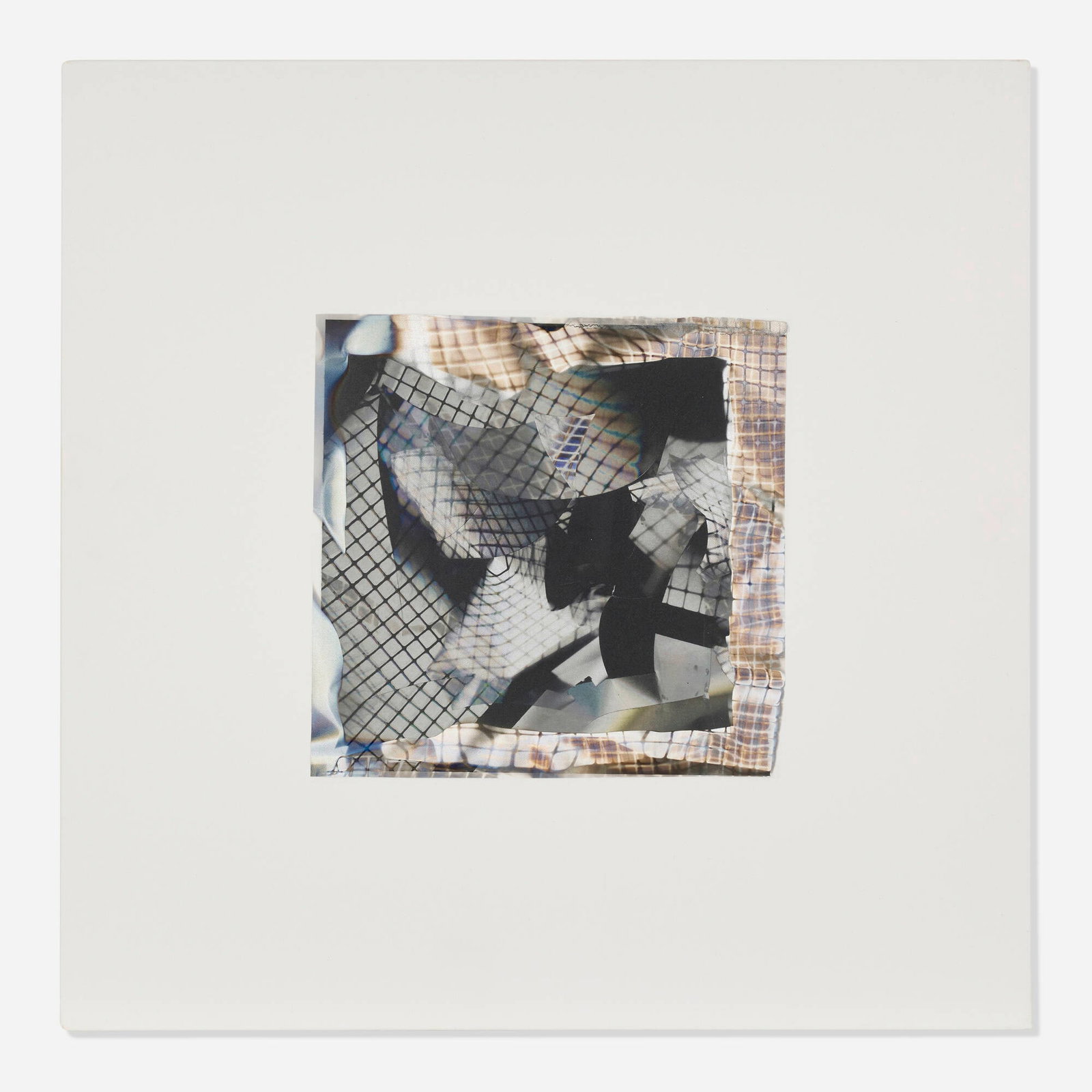 Larry Bell, Small Mirage Study #210: Larry Bell Small Mirage Study #210 1991 collage with aluminum and silicon monoxide on white canvas 30.25 h x 30.25 w in (77 x 77 cm) Signed, titled, and dated to verso 'L. Bell 91 12/5/91 SMS