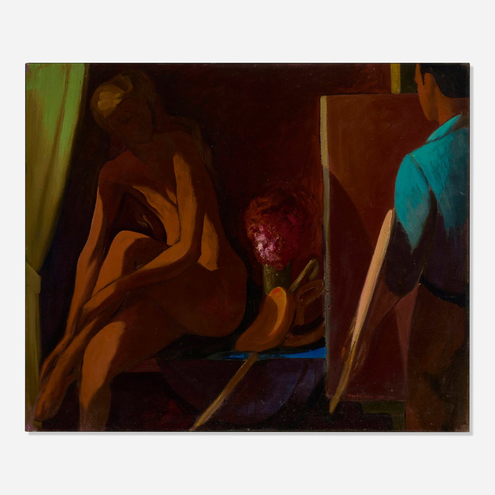 Lorser Feitelson, Artist and Model: Lorser Feitelson Artist and Model 1943 oil on canvas 30 h x 36 w in (76 x 91 cm) Signed and dated to lower right 'Feitelson '43'. Signed and dated to verso 'Feitelson 1943'.