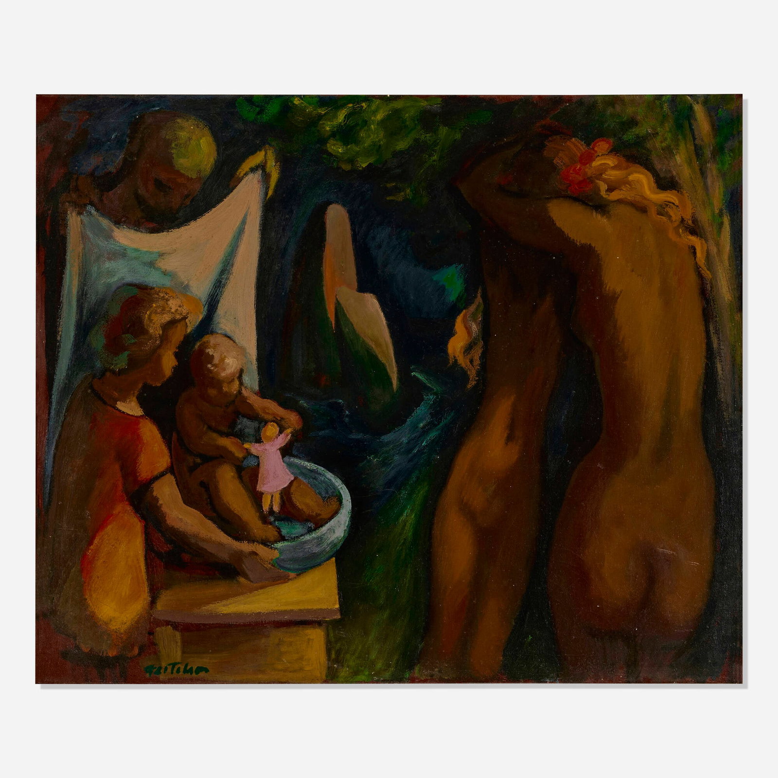 Lorser Feitelson, Filial Love No. 3 (Group and Bathing Infant): Lorser Feitelson Filial Love No. 3 (Group and Bathing Infant) 1943 oil on canvas 30 h x 36 w in (76 x 91 cm) Signed to lower left 'Feitelson'. Signed, titled and dated to verso 'Lorser