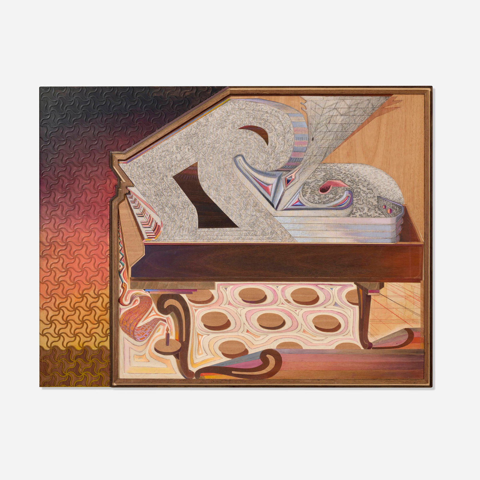 Zach Harris, Steinway Sunset: Zach Harris Steinway Sunset 2018-19 water-based paint, ink, graphite and linen on carved relief and inlaid wood panel 36.5 h x 47 w in (93 x 119 cm) Signed, titled, and dated to verso 'Zach