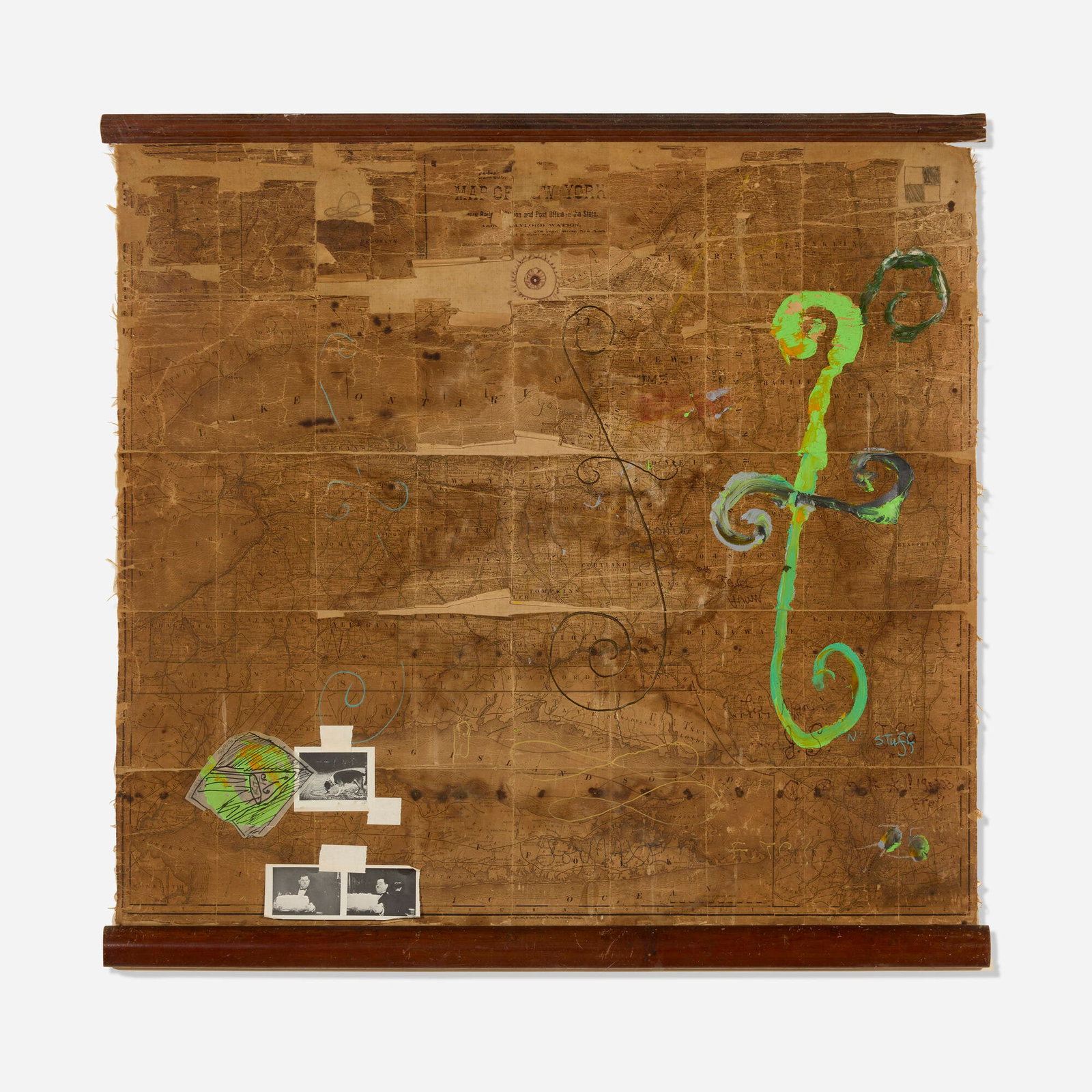 William T. Wiley, Untitled: William T. Wiley Untitled 1986 ink, gouache, acrylic and graphite on map with collaged offset lithograph on paper and tracing paper laid to canvas with wood hangers 32 h x 33.25 w x 1.625 d in (81 x