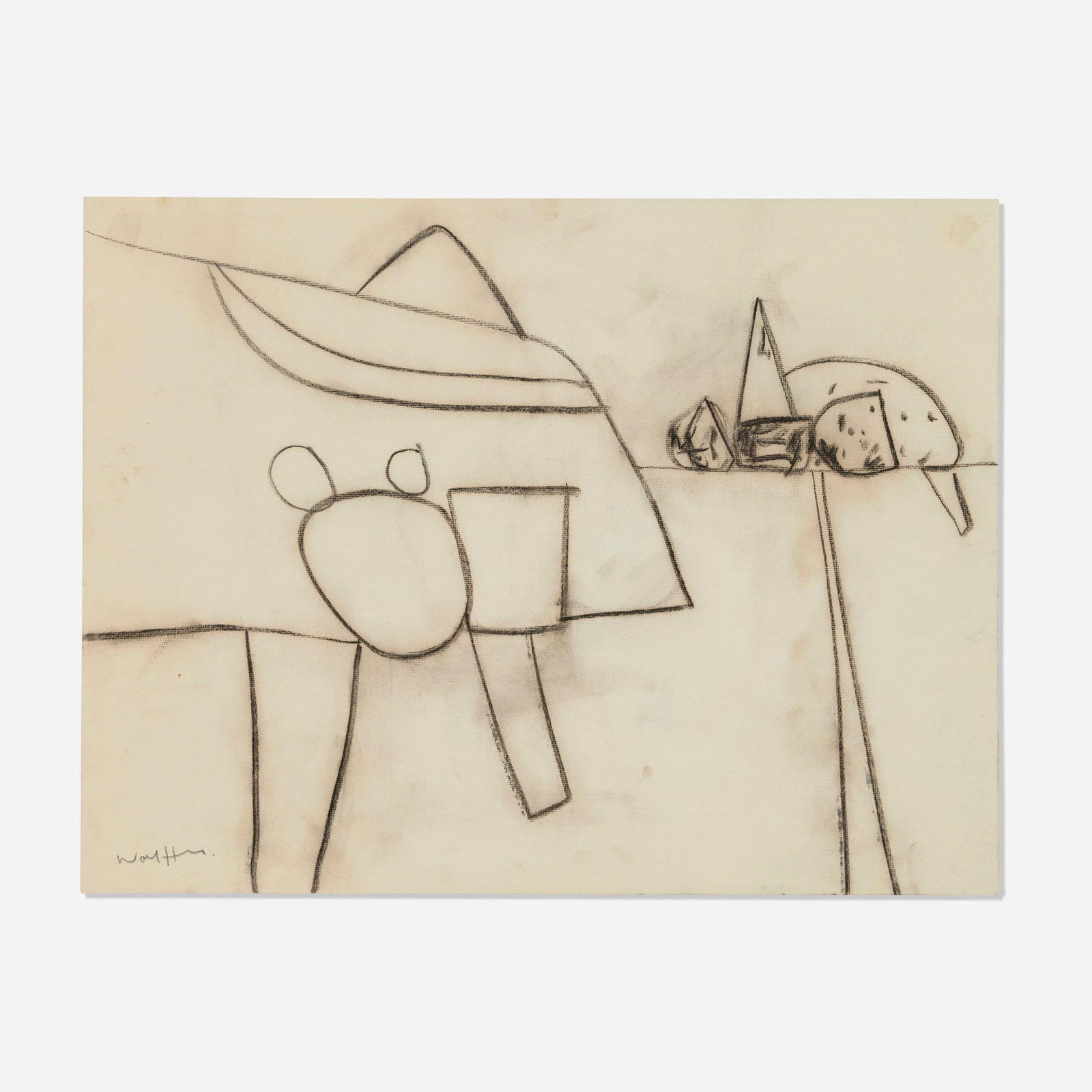 Emerson Woelffer, Untitled: Emerson Woelffer Untitled c. 1955 charcoal on Strathmore 19 h x 25 w in (48 x 63 cm) This work is being sold to raise scholarship funds for the Otis College of Art and Design. Signed to lower left