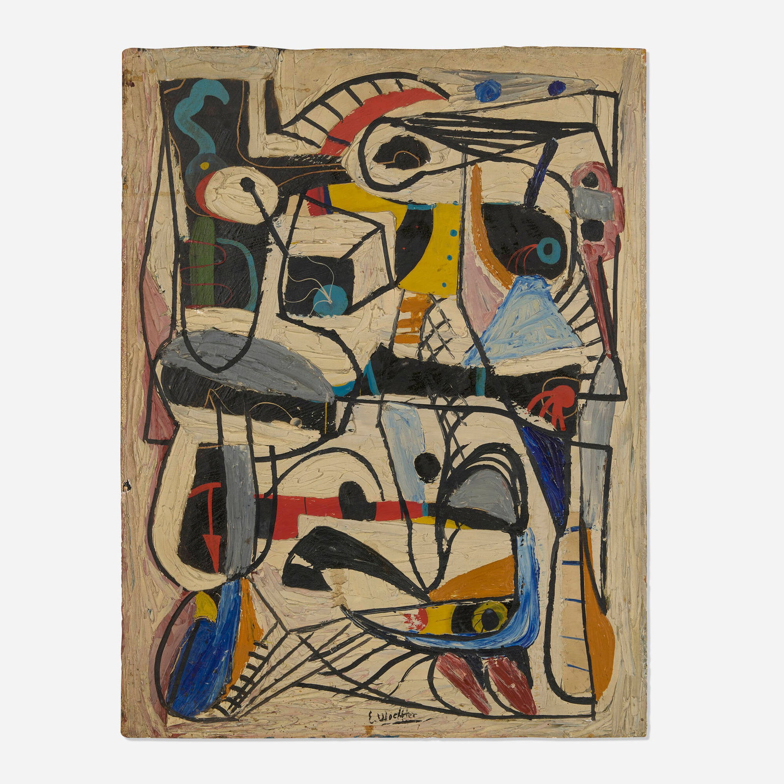 Emerson Woelffer, Untitled: Emerson Woelffer Untitled c. 1940 oil on Masonite 23.5 h x 18 w in (60 x 46 cm) This work is being sold to raise scholarship funds for the Otis College of Art and Design. Signed to lower center