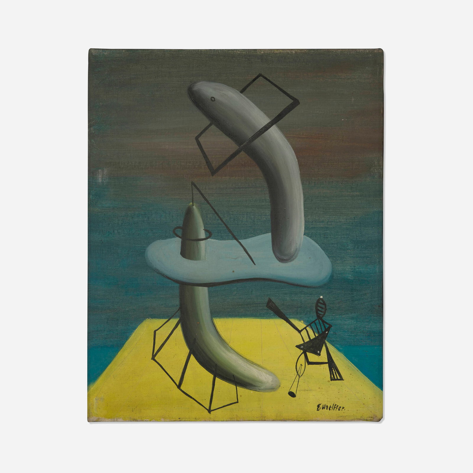 Emerson Woelffer, Atomic Man: Emerson Woelffer Atomic Man c. 1940 oil and acrylic on canvas 20.25 h x 16 w in (51 x 41 cm) This work is being sold to raise scholarship funds for the Otis College of Art and Design. Signed to lower