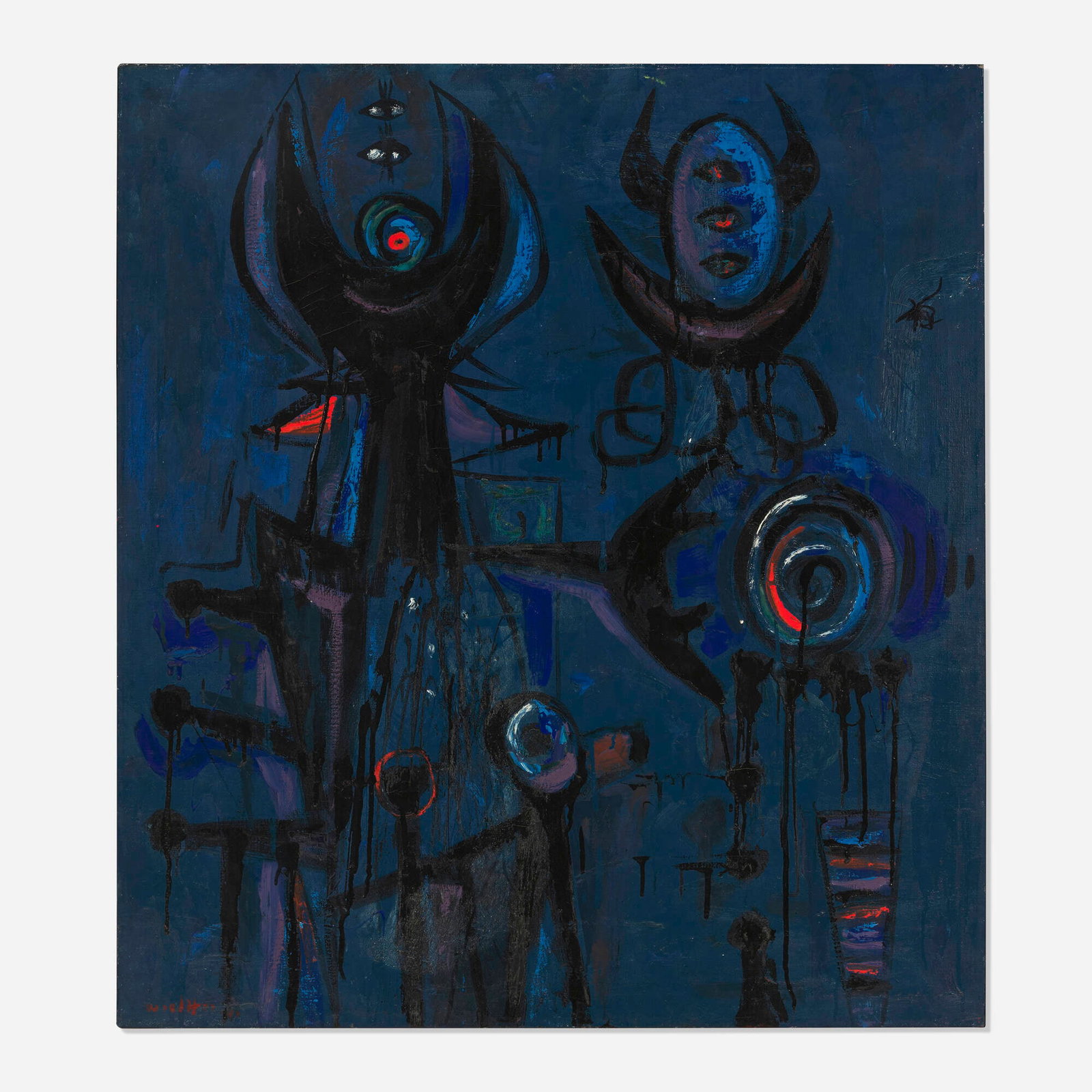 Emerson Woelffer, Untitled: Emerson Woelffer Untitled 1947-51 oil and enamel on linen 40 h x 36 w in (102 x 91 cm) This work is being sold to raise scholarship funds for the Otis College of Art and Design. Signed and dated to