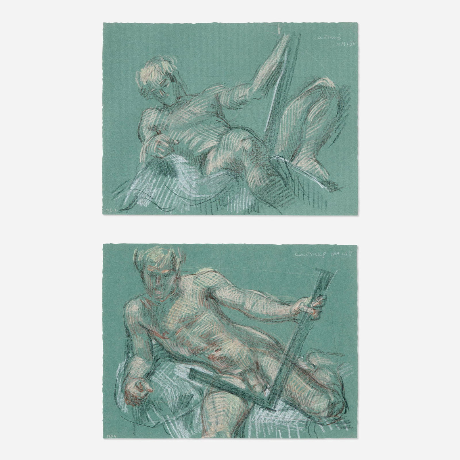 Paul Cadmus, David and Goliath Study (two works): Paul Cadmus David and Goliath Study (two works) 1971 crayon on paper each: 9.5 h x 12.5 w in (24 x 32 cm) Signed and inscribed to upper right of each work 'Cadmus NM256' and 'Cad