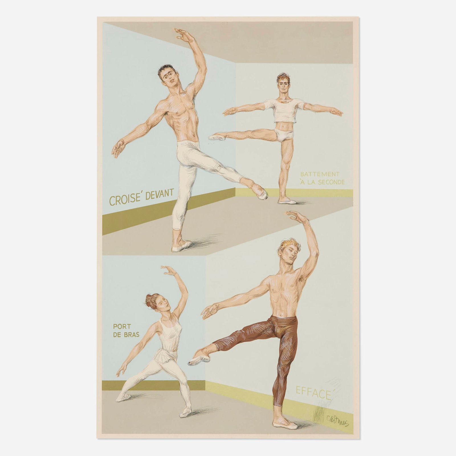 Paul Cadmus, Four Ballet Positions: Paul Cadmus Four Ballet Positions 1946/47 screenprint in colors with hand-coloring image: 22.5 h x 13.75 w in (57 x 35 cm) sheet: 24.75 h x 15.75 w in (63 x 40 cm) Signed to lower right