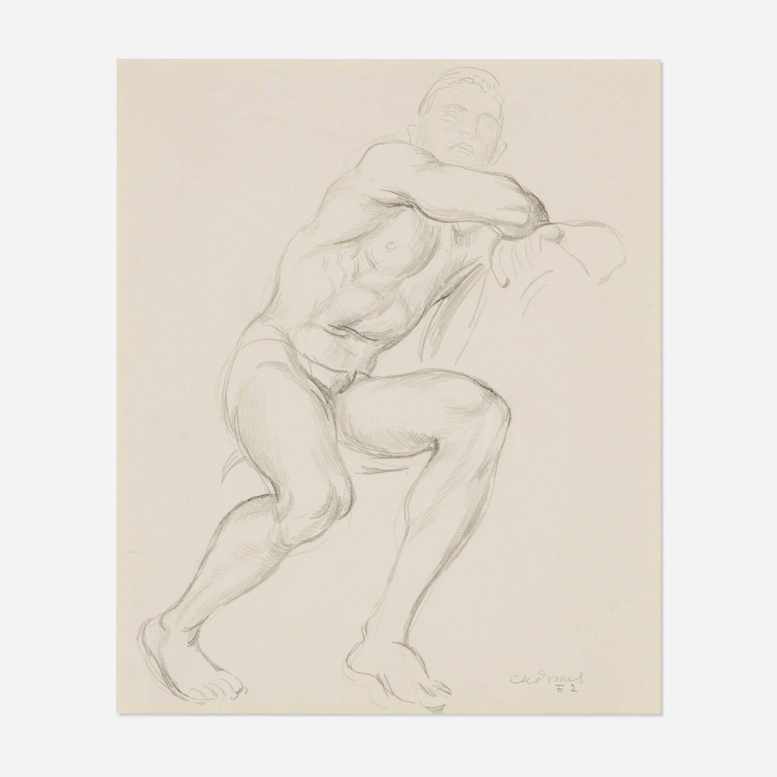 Paul Cadmus, Untitled (Seated Male Nude): Paul Cadmus Untitled (Seated Male Nude) 1934 graphite on vellum 10.5 h x 10 w in (27 x 25 cm) Signed and inscribed to lower right 'Cadmus E2 #45'. Provenance: