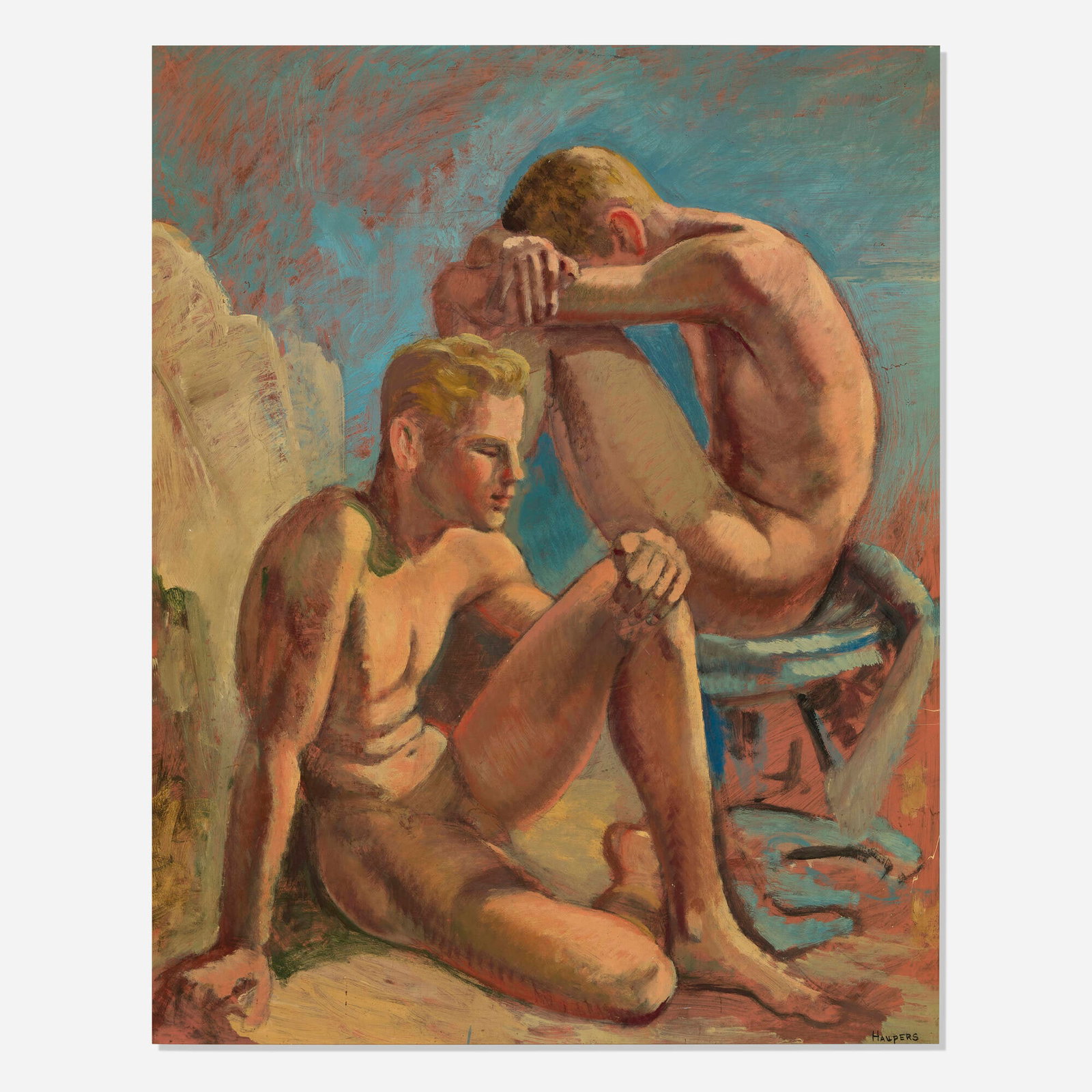 Clement Haupers, Untitled (Boys on the Beach): Clement Haupers Untitled (Boys on the Beach) oil on Masonite 39.375 h x 31.375 w in (100 x 80 cm) Signed to lower right 'Haupers'. This work will ship from Chicago, Illinois.