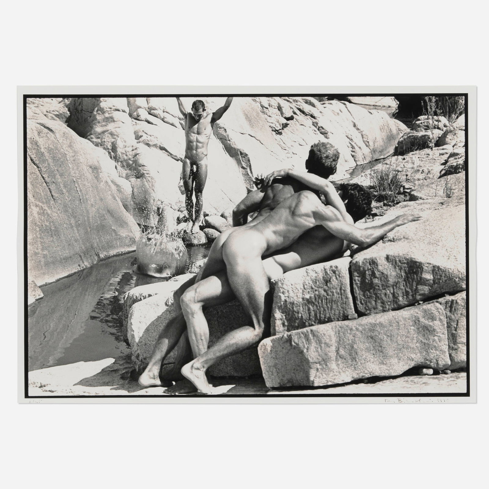 Tom Bianchi, Three Men and a Splash (from the Out of the Studio series): Tom Bianchi Three Men and a Splash (from the Out of the Studio series) 1990 gelatin silver print image: 12.375 h x 18.25 w in (31 x 46 cm) sight: 13 h x 18.875 w in (33 x 48 cm) Signed, dated, and