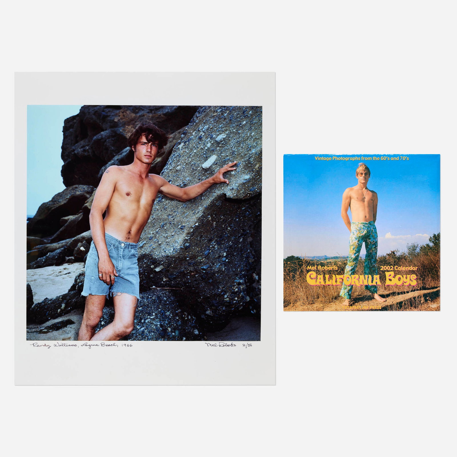 Mel Roberts, Randy Williams, Laguna Beach; California Boys Calendar (two works): Mel Roberts Randy Williams, Laguna Beach; California Boys Calendar (two works) 1966 / printed later Cibachrome print; offset lithograph in colors image : 18 h x 18 w in (46 x 46 cm) sheet: 24 h x 20
