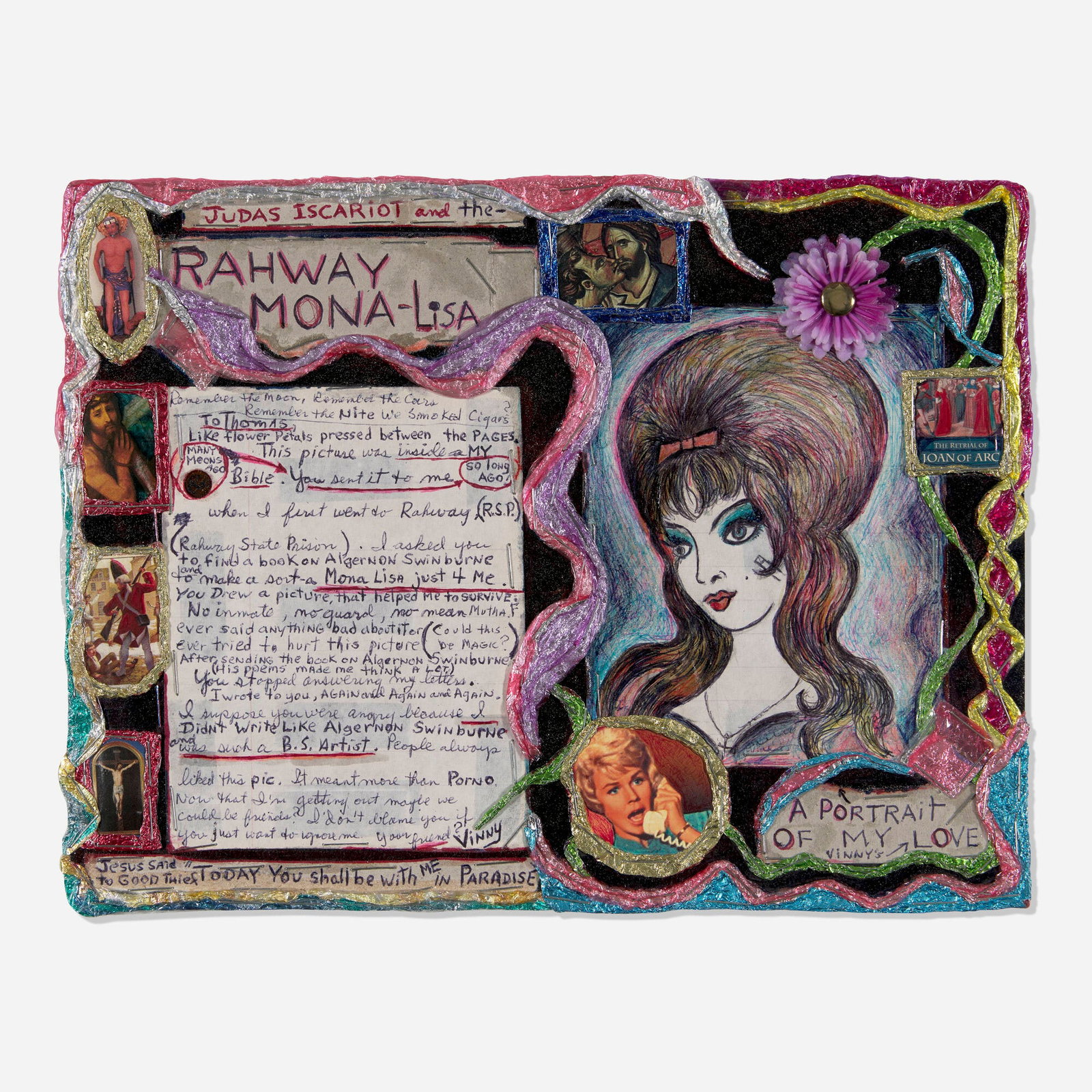 Thomas Lanigan-Schmidt, Judas Iscariot and - the Rahway Mona Lisa/Did Doris drop a dime of Mona?: Thomas Lanigan-Schmidt Judas Iscariot and - the Rahway Mona Lisa/Did Doris drop a dime of Mona? 2008 mixed media collage on paper 8 h x 10.625 w in (20 x 27 cm) Signed, titled and dated to verso