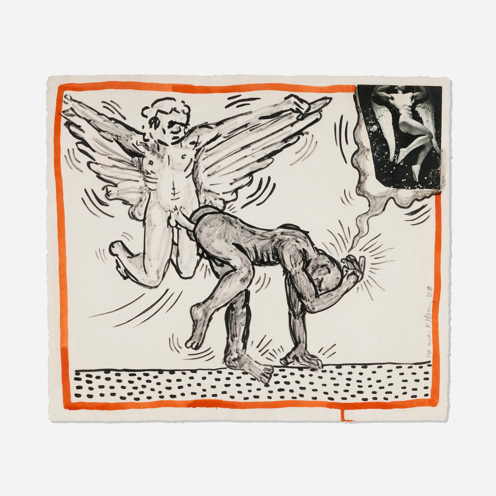 Keith Haring, Angel: Keith Haring Angel 1987 ink and gouache collaged on handmade paper 24 h x 27.625 w in (61 x 70 cm) Signed, dated and inscribed to lower right 'For Ollie - K. Haring 88'. Signed, dated and inscribed