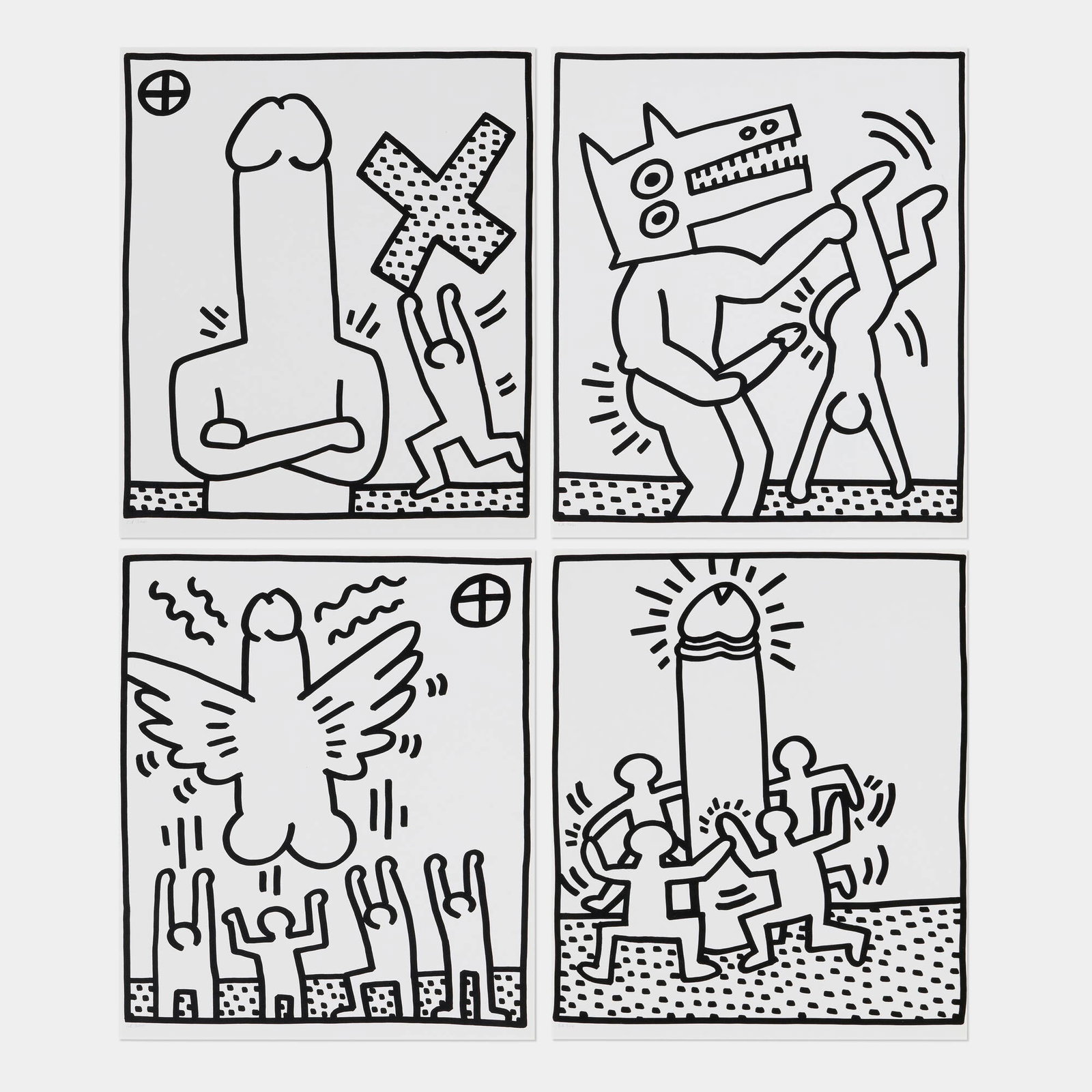 Keith Haring, Four works from the Lucio Amelio suite: Keith Haring Four works from the Lucio Amelio suite 1983 offset lithograph image: 14.25 h x 12.5 w in (36 x 32 cm) sheet: 16.25 h x 13.125 w in (41 x 33 cm) Numbered to lower left 'Ed 300'.