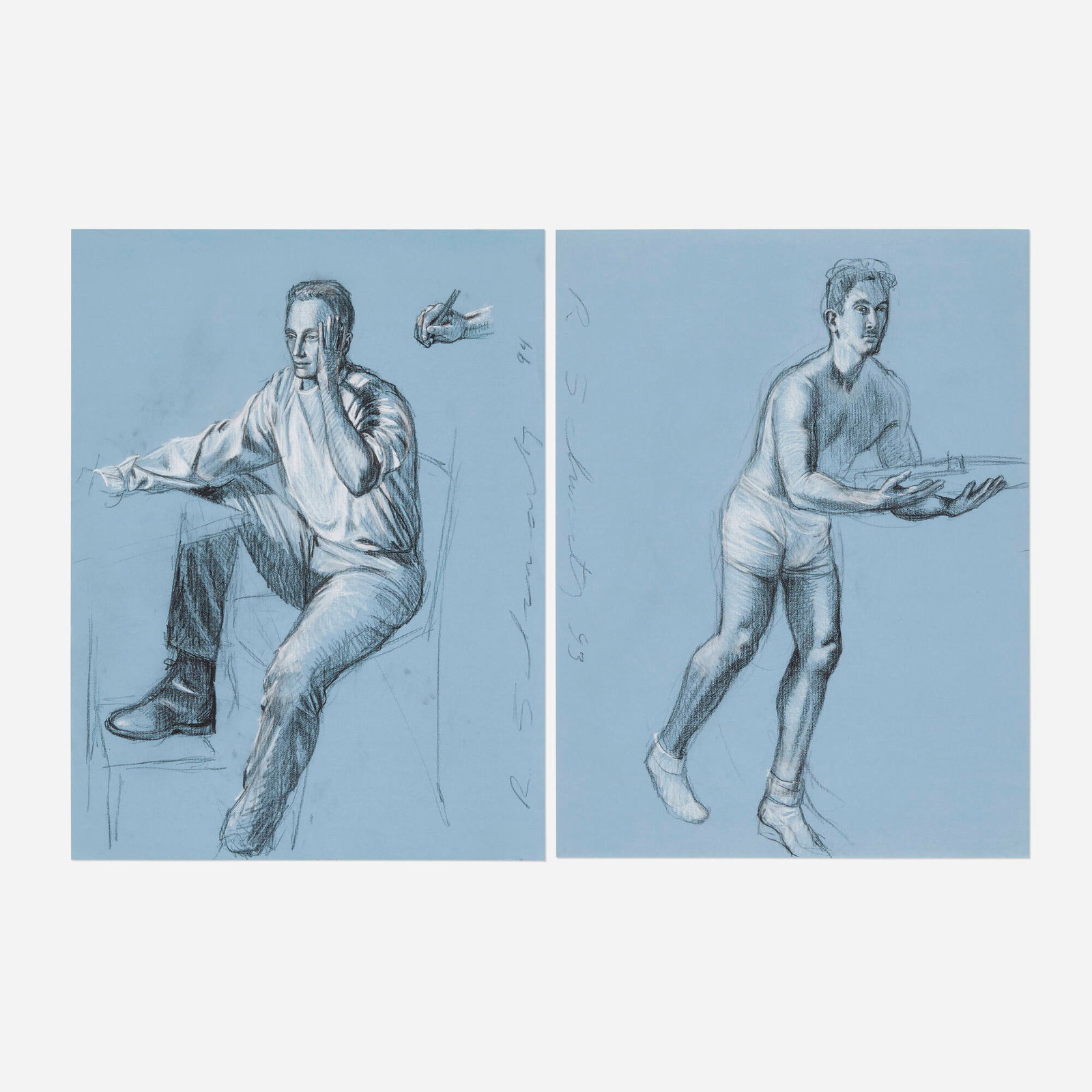 Robert Schwartz, Untitled (two works): Robert Schwartz Untitled (two works) 1993; 1994 charcoal and chalk on paper 25.25 h x 19 w in (64 x 48 cm) Signed and dated to vertical edge of each work 'R Schwartz 94' and 'R