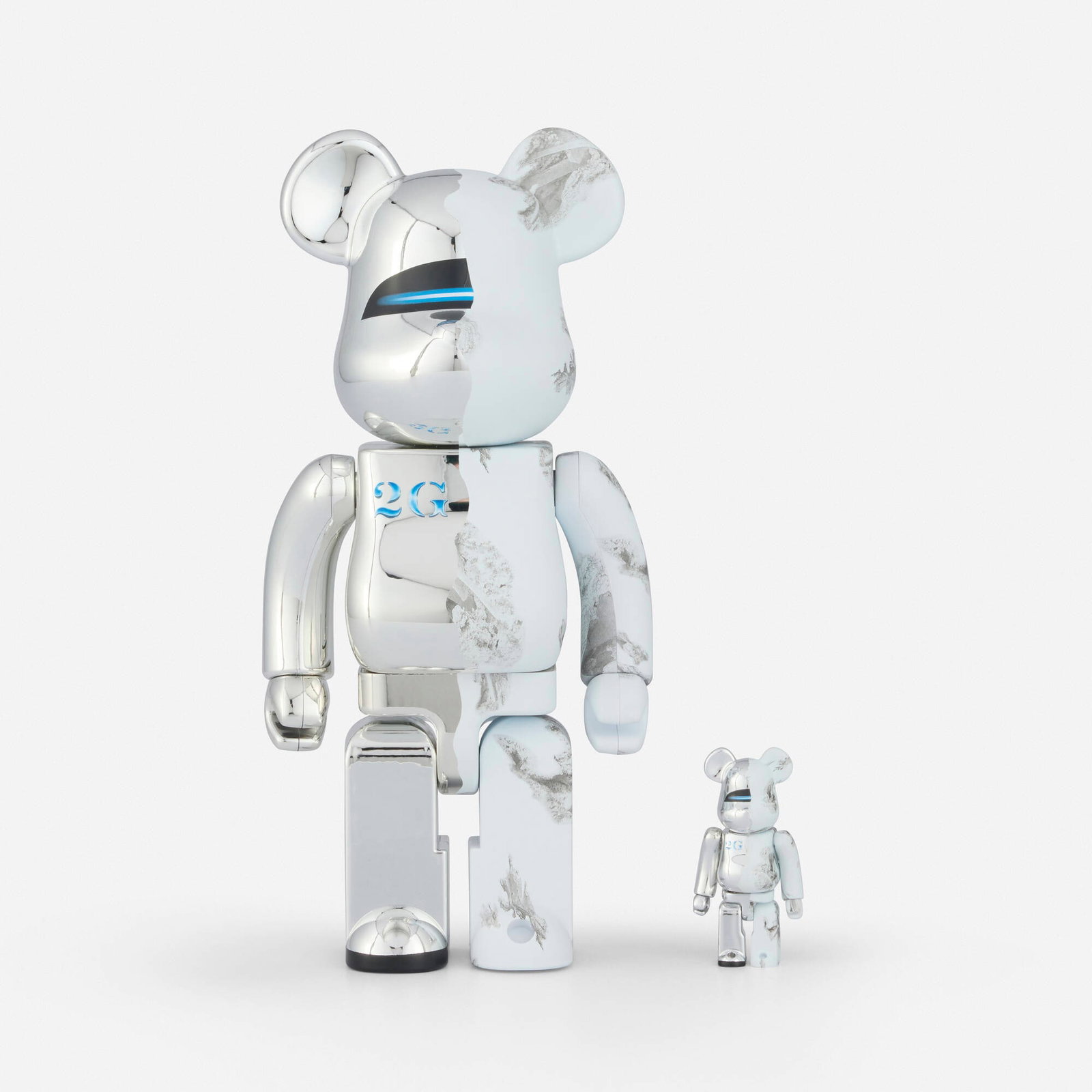 Daniel Arsham X Hajime Sorayama , Be@rbrick 400% (Silver); Be@rbrick 100% (Silver) (two works) (1 of 5)
