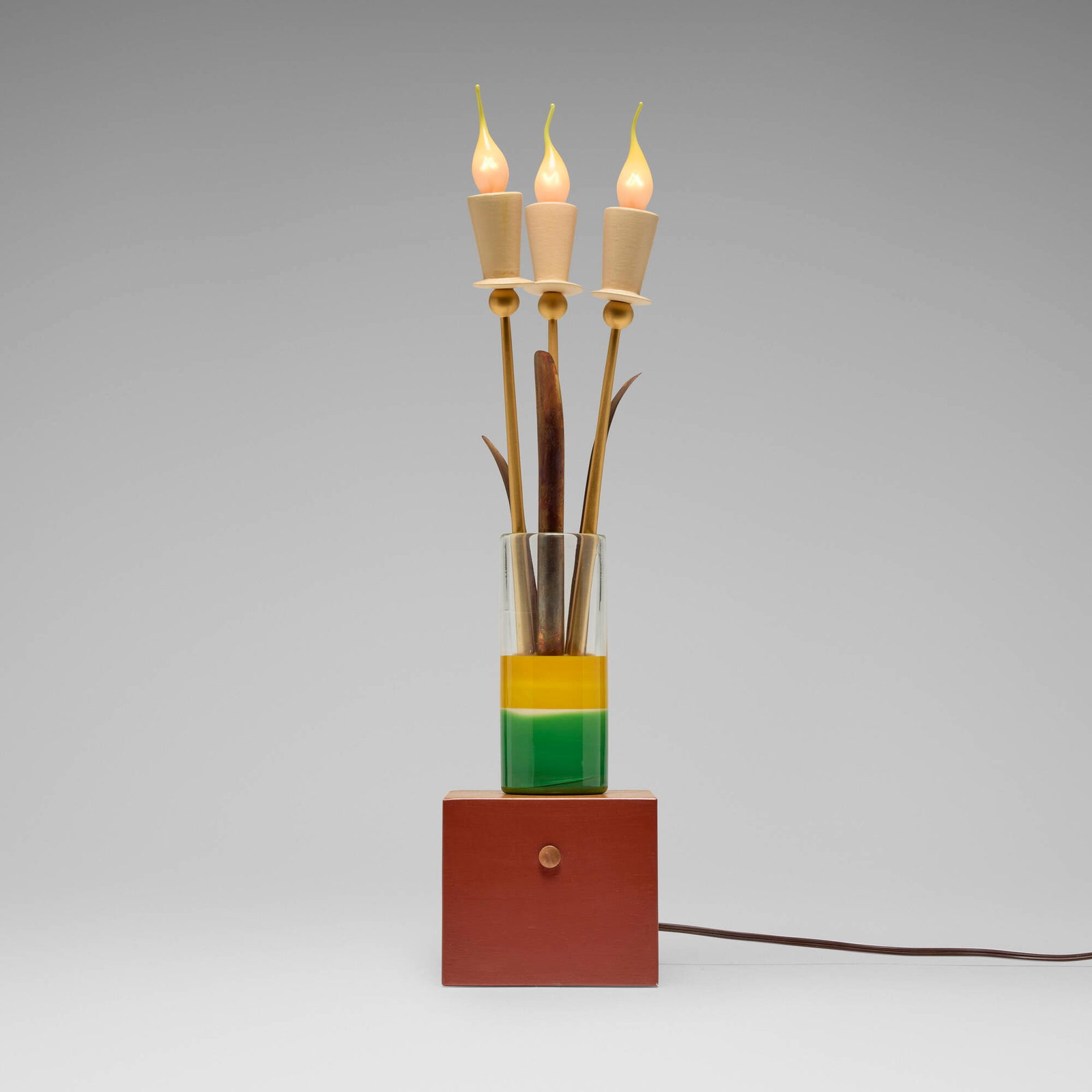 Garry Knox Bennett, STDBA #14 table lamp: Garry Knox Bennett STDBA #14 table lamp USA, 2015 glass, laminate, painted wood, copper, brass 21.75 h x 5 w x 5 d in (55 x 13 x 13 cm) Lamp features touch-activated light with three brightness