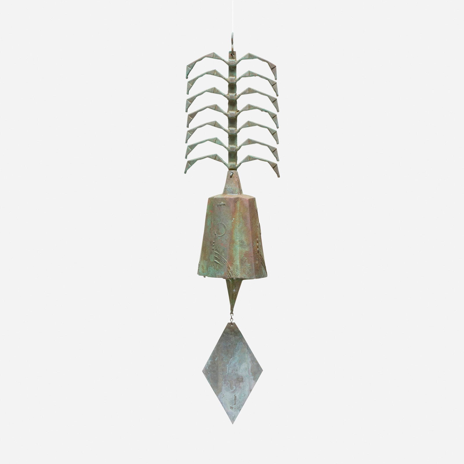 Paolo Soleri, Windbell: Paolo Soleri Windbell Italy/USA, c. 1975 patinated bronze, copper 41 h x 11 w x 8 d in (104 x 28 x 20 cm) Cast artist's cipher to bell. This work will ship from Los Angeles, California.