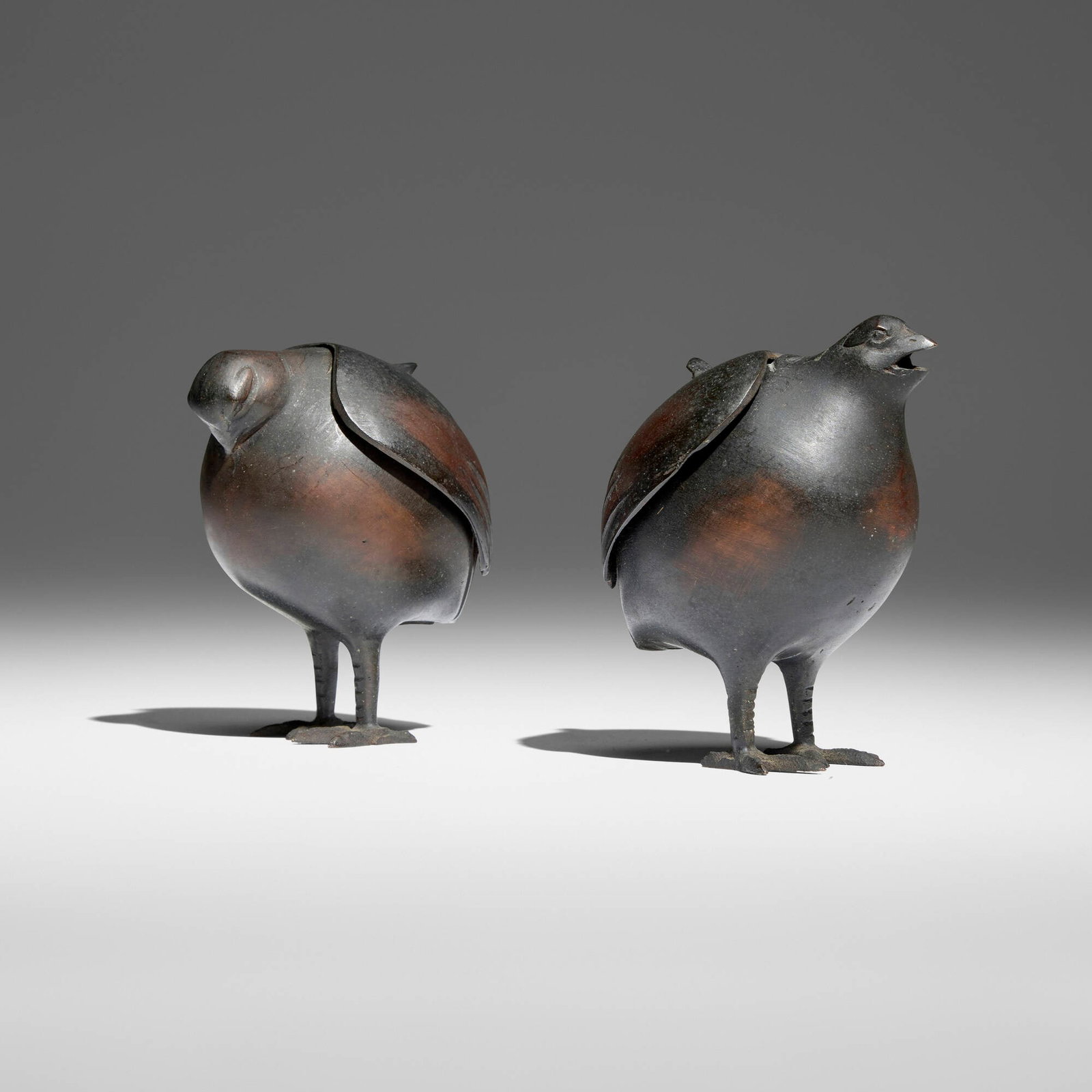 Japanese, Quail-form koro (incense burners), pair: Japanese Quail-form koro (incense burners), pair Showa period (1926-89) bronze 4.5 h x 3.75 w x 4 d in (11 x 10 x 10 cm) 4.375 h x 3.25 w x 3.5 d in (11 x 8 x 9 cm) Japanese mark to underside of each