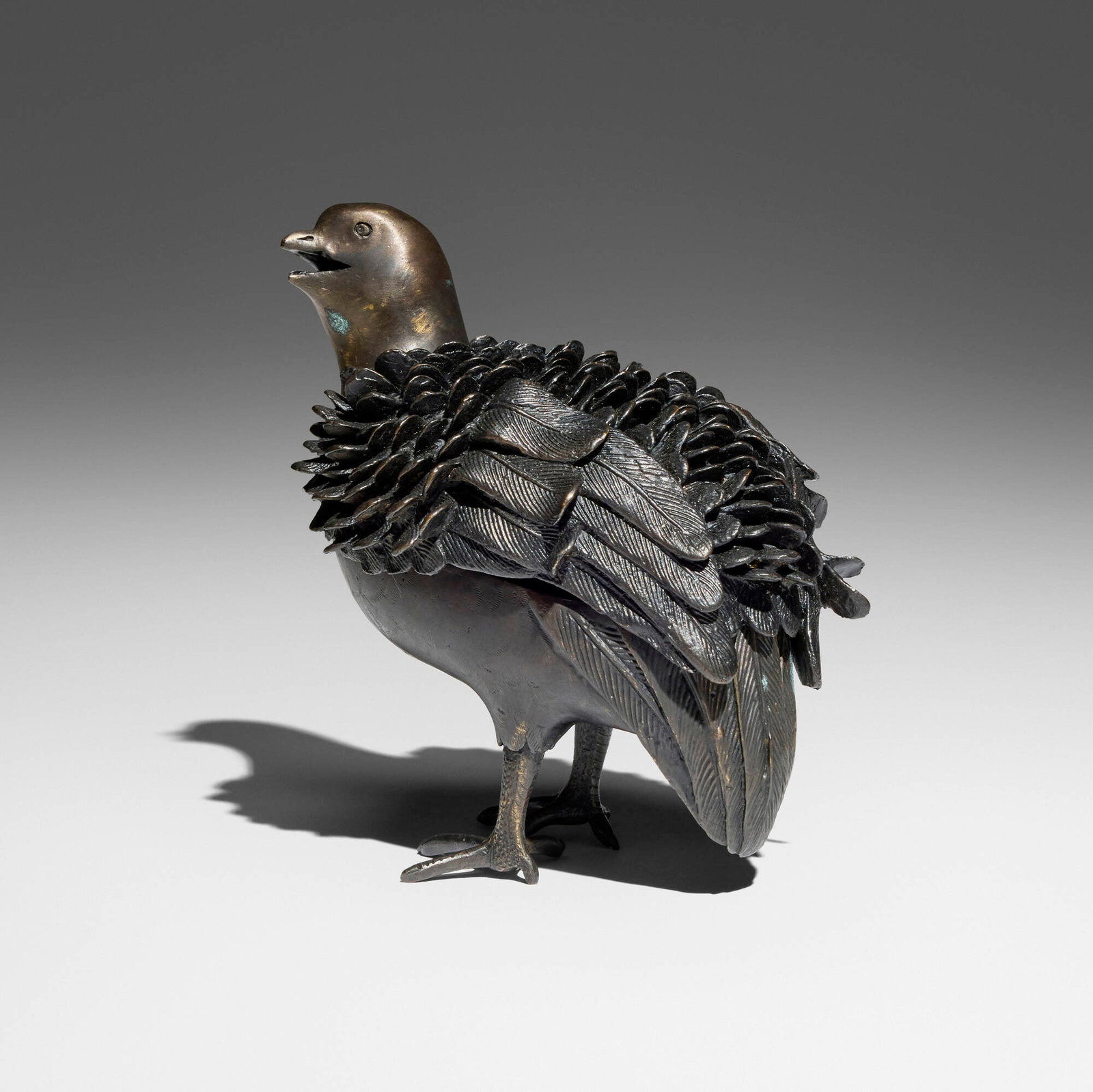 Tsumura Kamejo, Quail incense burner with cover (koro): Tsumura Kamejo Quail incense burner with cover (koro) Japan, Edo period lost-wax cast bronze 5.25 h x 5.5 w x 4 d in (13 x 14 x 10 cm) Impressed rectangular hanko mark to underside representing
