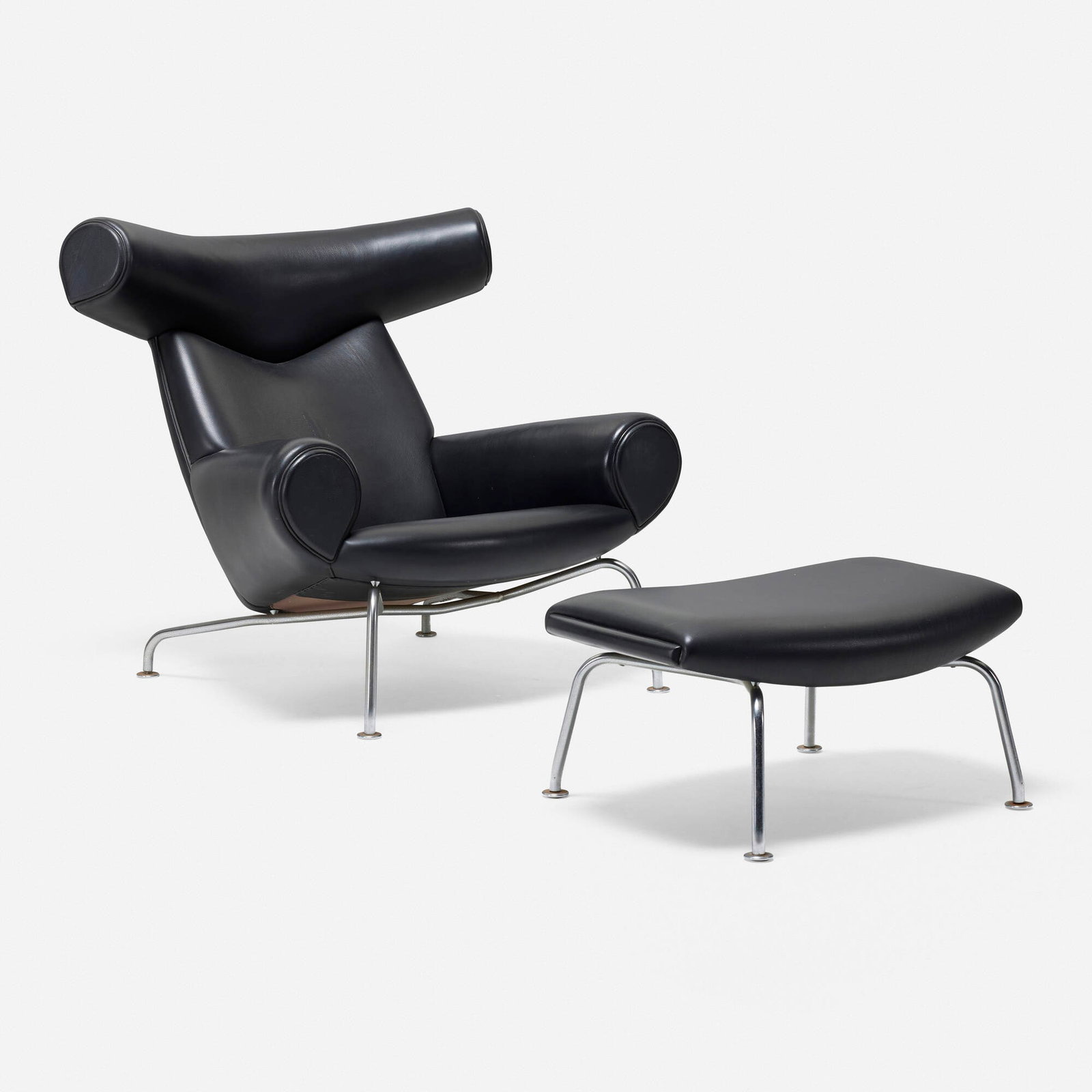 Hans J. Wegner, Ox chair and ottoman: Hans J. Wegner Ox chair and ottoman Erik Jorgensen Denmark, 1960 / 2000 leather, chrome-plated steel chair: 36 h x 37.5 w x 32 d in (91 x 95 x 81 cm) ottoman: 13 h x 30 w x 19 d in (33 x 76 x
