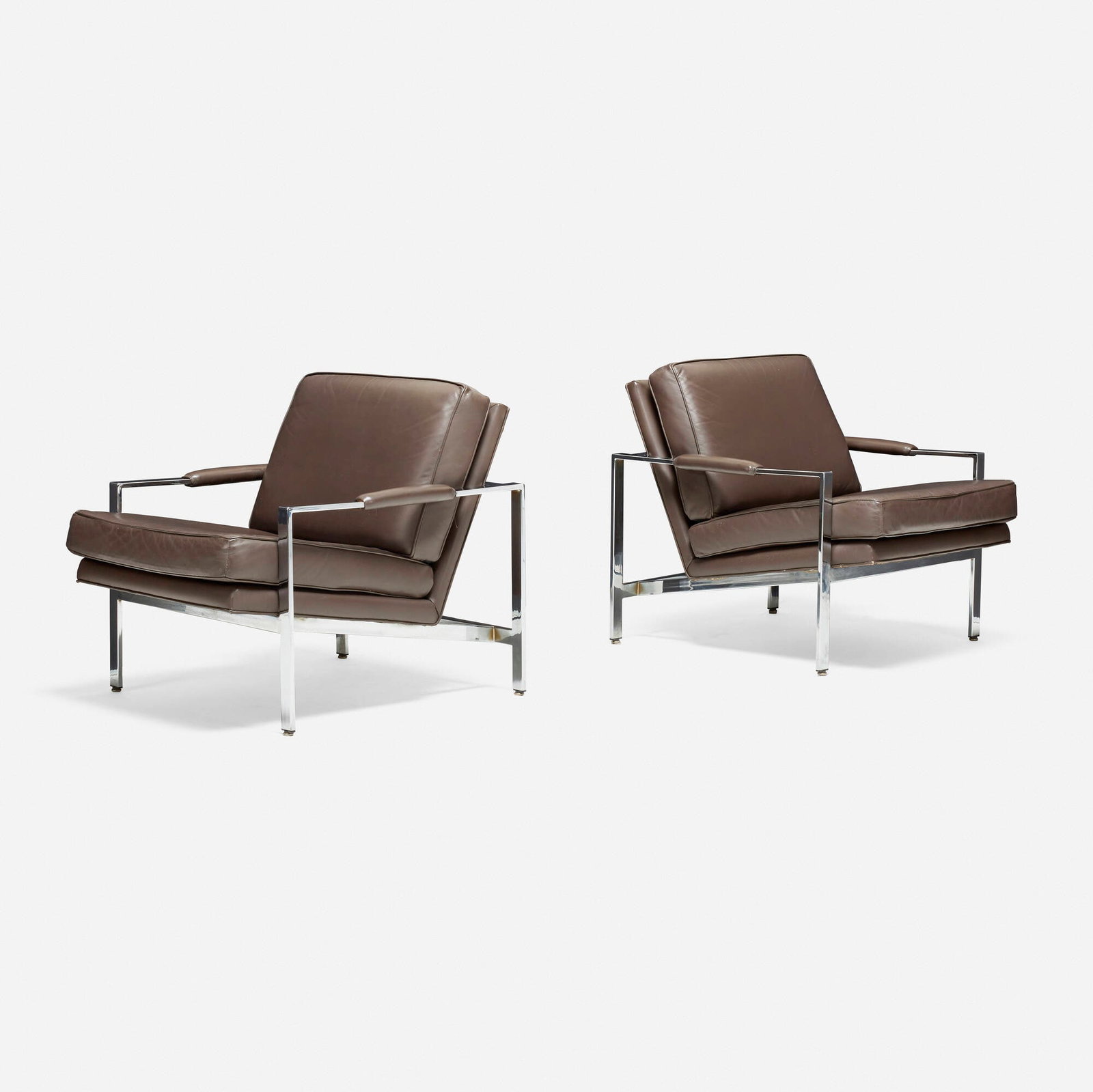 Milo Baughman, Lounge chairs model 951, pair: Milo Baughman Lounge chairs model 951, pair Thayer Coggin USA, 1966 leather upholstery, chrome-plated steel 29 h x 29 w x 32 d in (74 x 74 x 81 cm) This work will ship from Lo