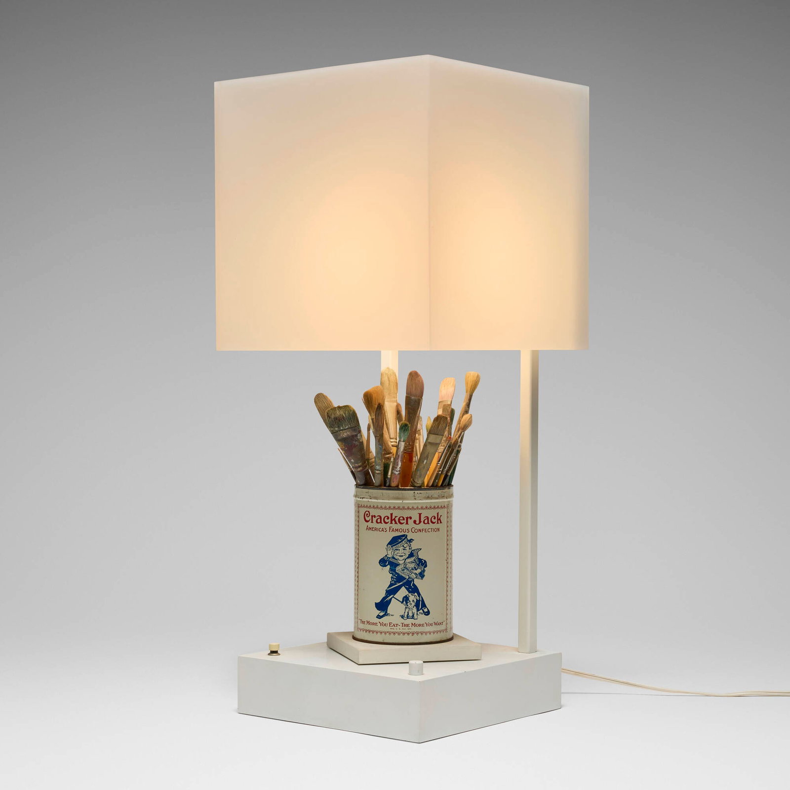 Garry Knox Bennett, Kinetic table lamp #14: Garry Knox Bennett Kinetic table lamp #14 USA, 2010 enameled steel, acrylic, laminate, painted wood, paintbrushes 32.5 h x 14 w x 14 d in (83 x 36 x 36 cm) Lamp features a rotating sculpture an