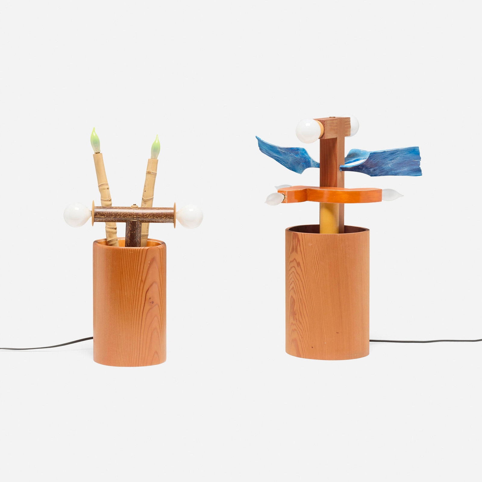 Garry Knox Bennett, Table lamps, set of two: Garry Knox Bennett Table lamps, set of two USA, 2007 bamboo, Douglas fir and painted wood 19.5 h x 15 w x 13 d in (50 x 38 x 33 cm) 18.5 h x 10.5 w x 5 d in (47 x 27 x 13 cm) Lamps each feat