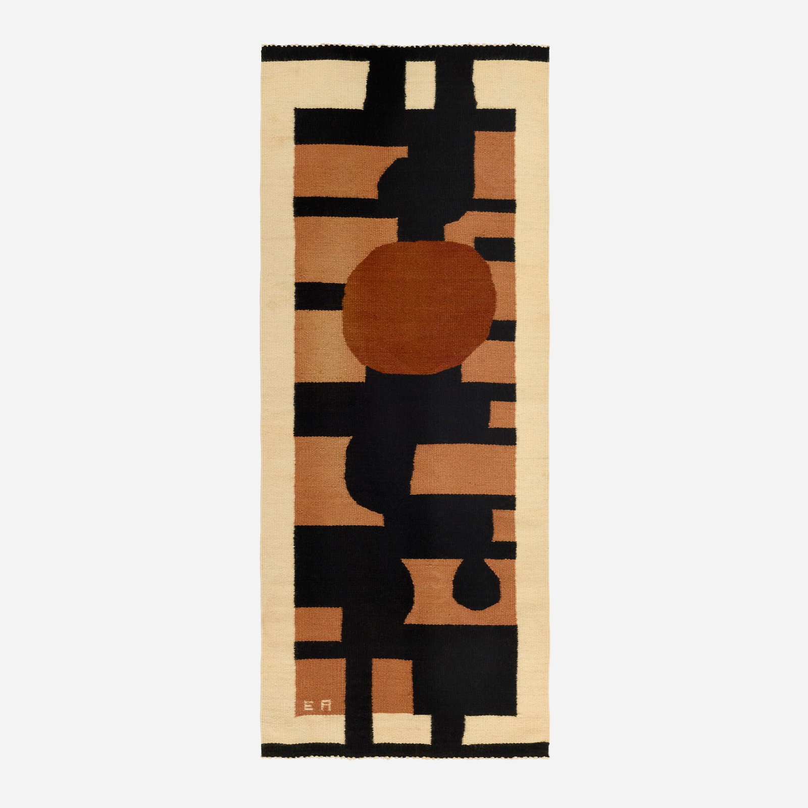 Evelyn Ackerman, Moonscape tapestry: Evelyn Ackerman Moonscape tapestry ERA Industries USA, 1969 hand-woven wool 57 h x 23 w in (145 x 58 cm) Woven signature to lower left 'EA'. Fabric manufacturer's label to l