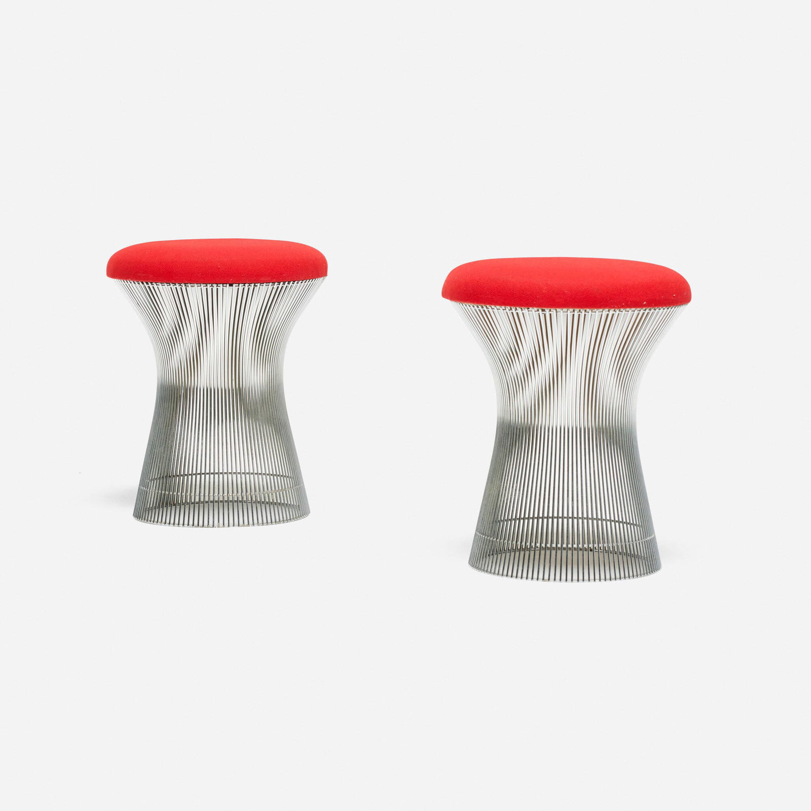 Warren Platner, Stools, pair: Warren Platner Stools, pair KnollStudio USA, 1966 / c. 2010 chrome-plated steel, upholstery 20 h x 16 dia in (51 x 41 cm) Literature: Ten by Warren Platner, Platner, ppg. 76, 164 Knoll Design,