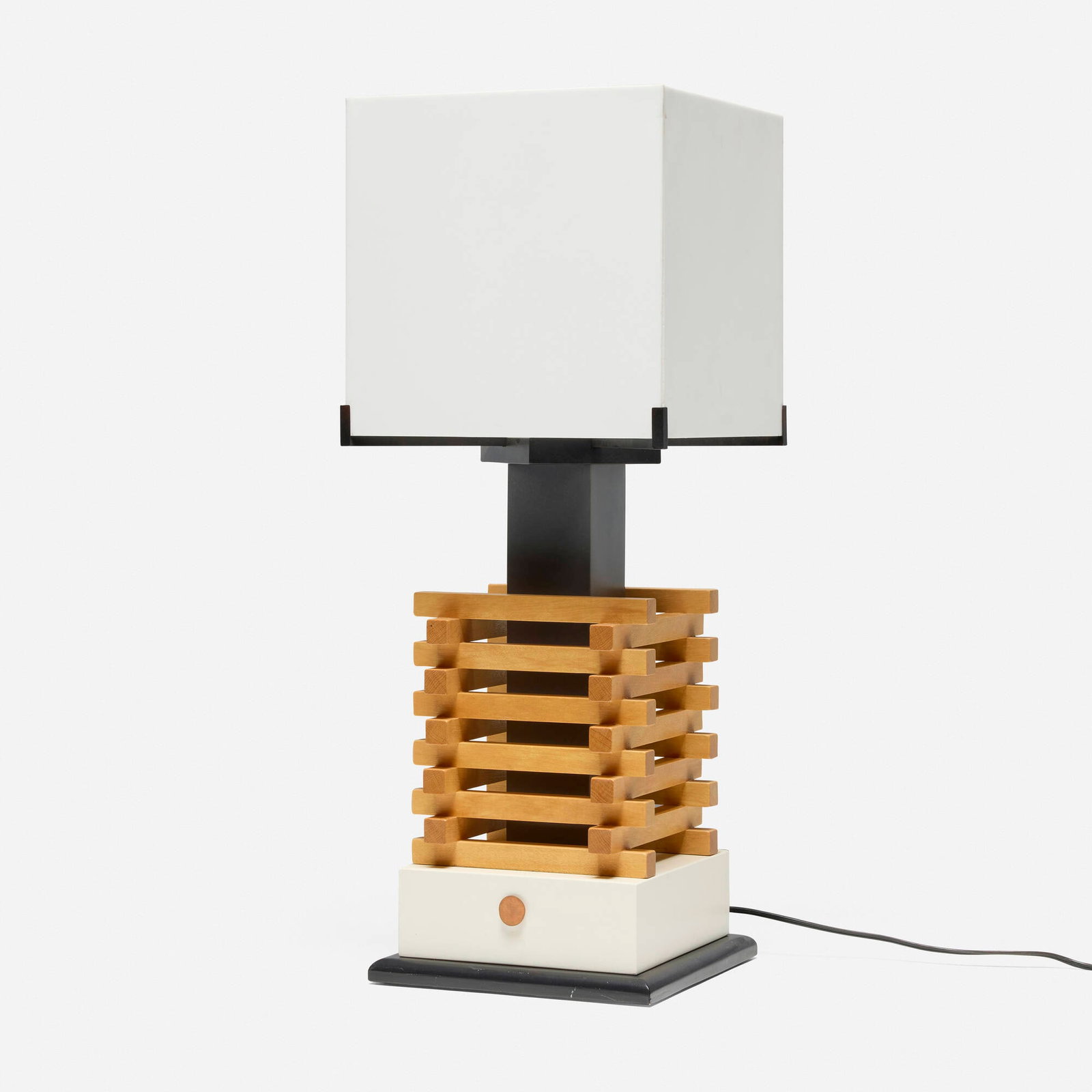 Garry Knox Bennett, STDBA #73 table lamp: Garry Knox Bennett STDBA #73 table lamp USA, 2016 acrylic, maple, copper, laminate, painted wood, enameled aluminum 26 h x 10.25 w x 10.25 d in (66 x 26 x 26 cm) Lamp features touch-activated l