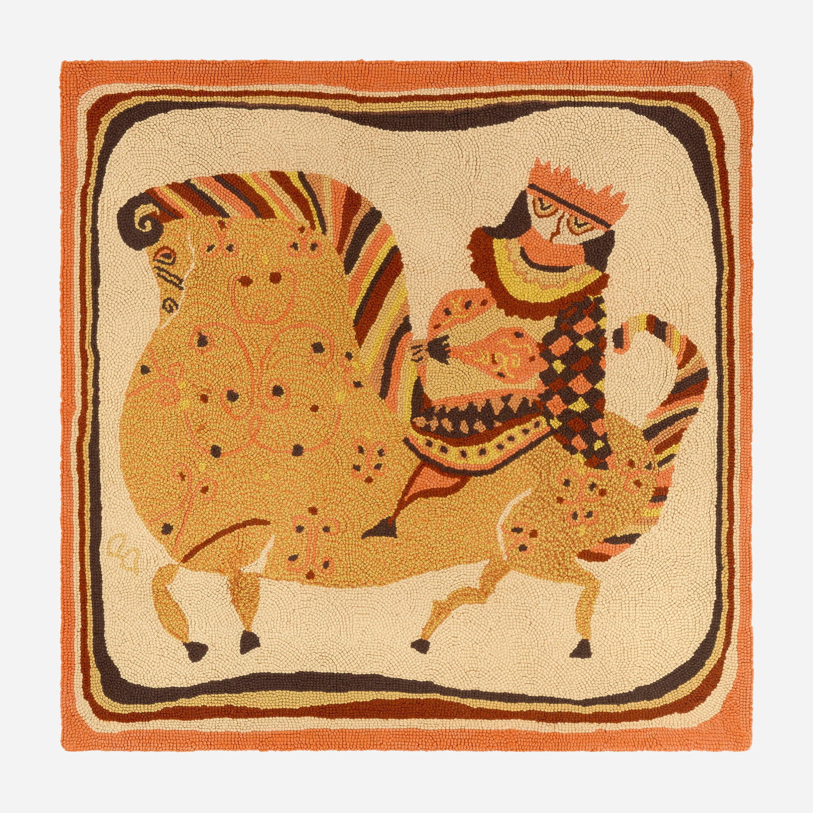 Evelyn Ackerman, Equestrian tapestry: Evelyn Ackerman Equestrian tapestry ERA Industries USA, c. 1960 hand-hooked wool 44 h x 43.5 w in (112 x 110 cm) The cool-colored version of this tapestry was included in California Design 6 in 1960.