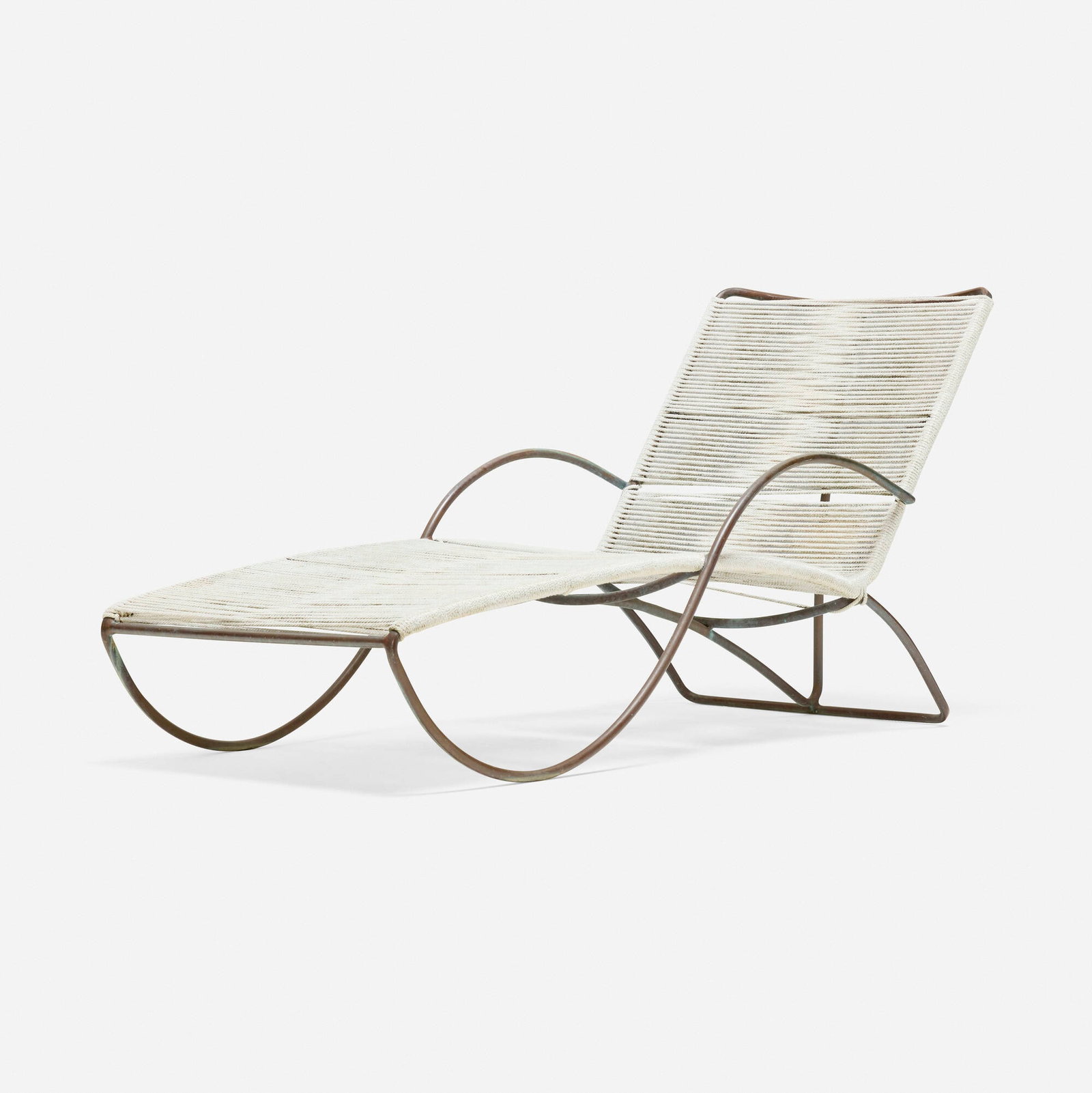 Walter Lamb, Chaise lounge, model C-4700: Walter Lamb Chaise lounge, model C-4700 Brown Jordan USA, c. 1952 bronze, cotton-nylon cord 32.5 h x 26.5 w x 66 d in (83 x 67 x 168 cm) Decal manufacturer's label to lower edge 'Brown