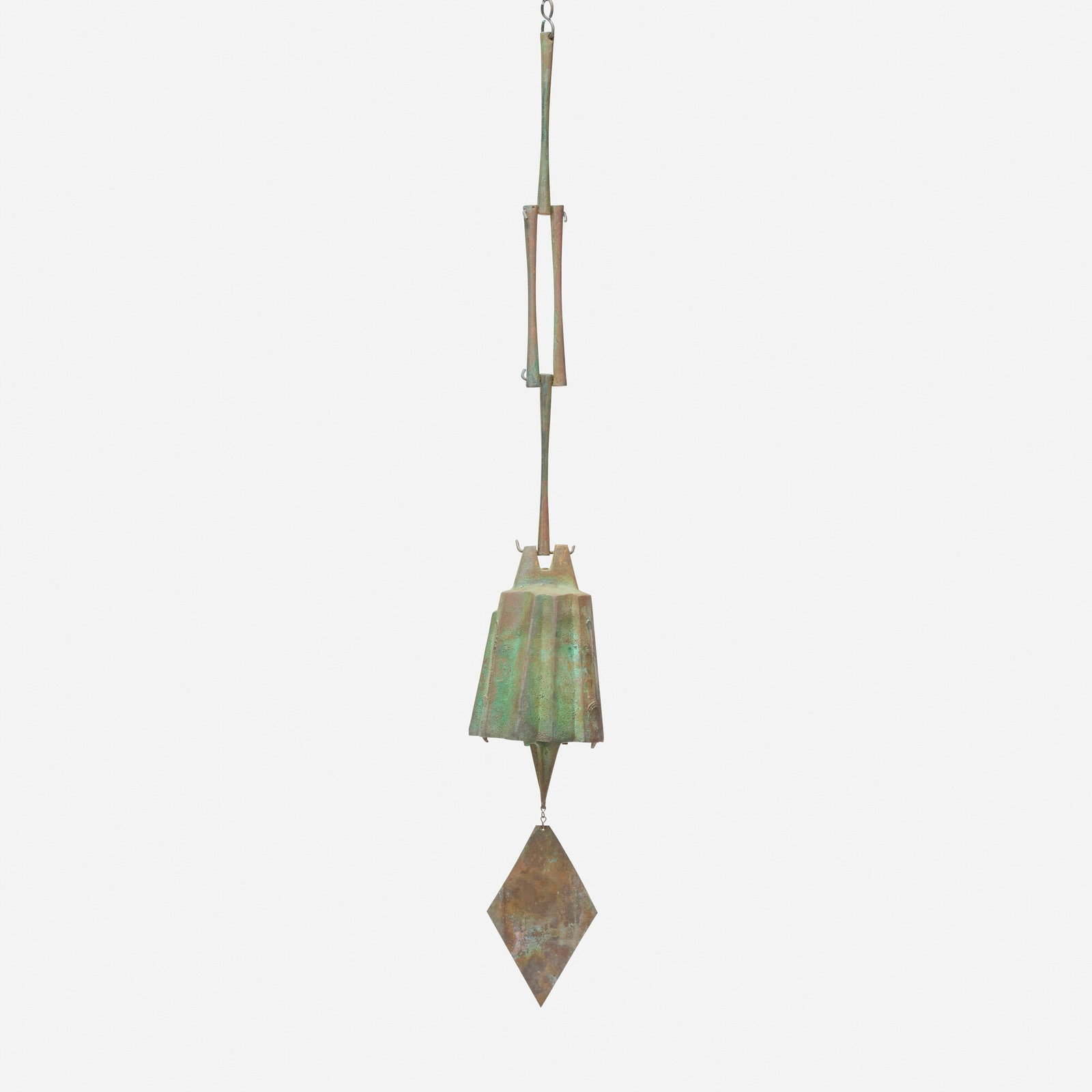 Paolo Soleri, Windbell: Paolo Soleri Windbell Italy/USA, c. 1975 patinated bronze, copper 58 h x 8 dia in (147 x 20 cm) Cast artist's cipher to bell. This work will ship from Los Angeles, California.